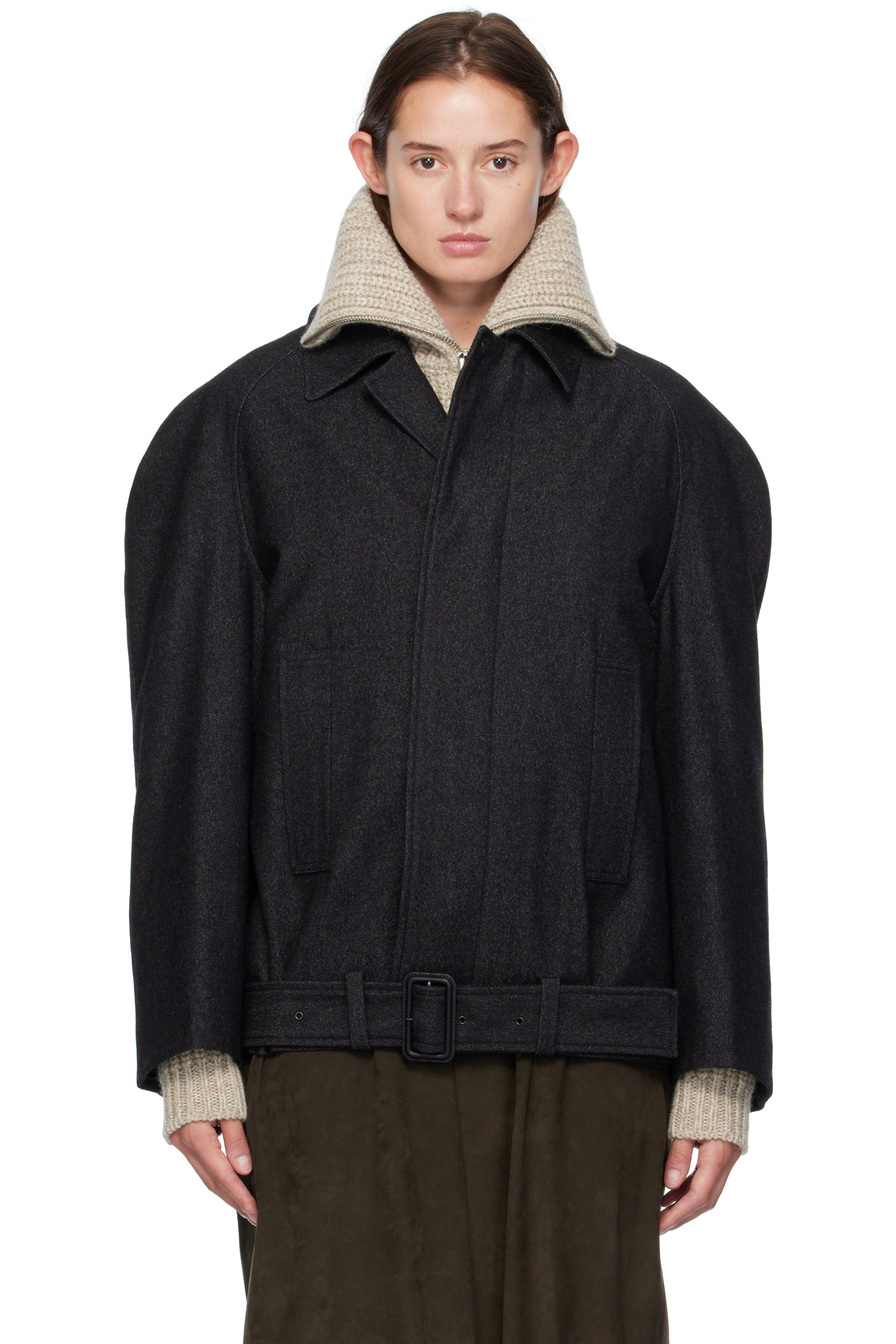 LEMAIRE - Black Raglan Sleeve Short Coat