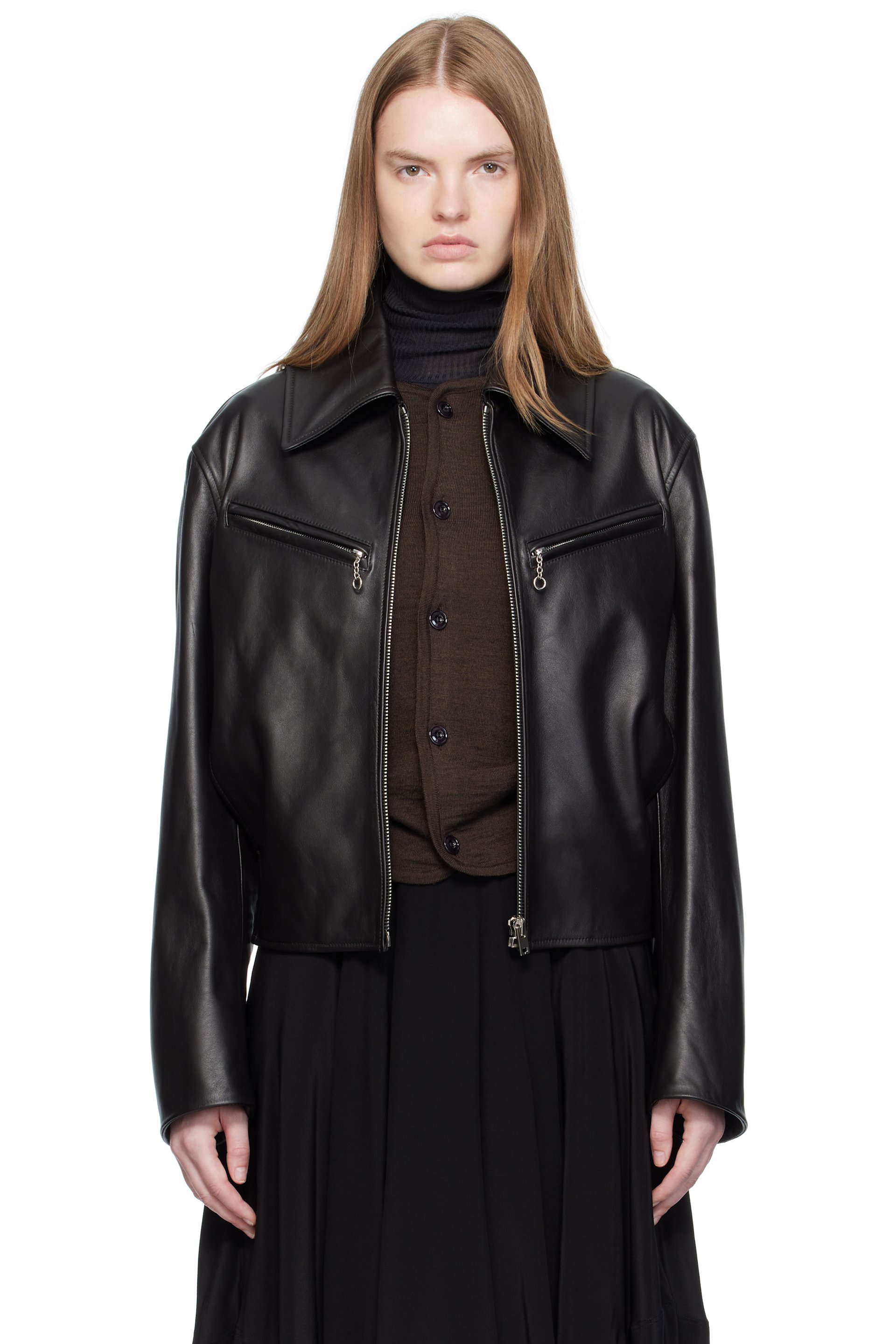 LEMAIRE - Blouson droit brun en cuir