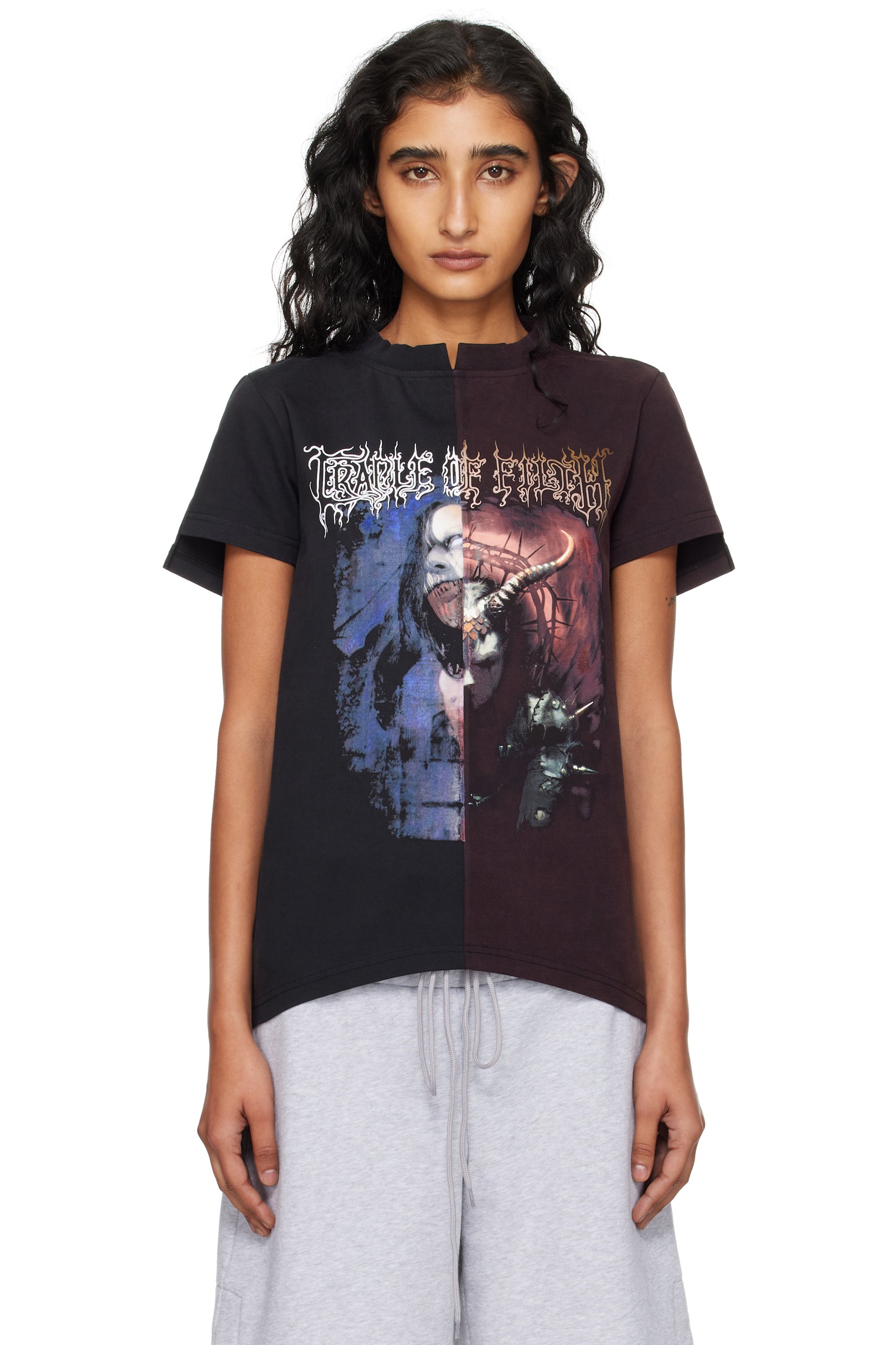 VETEMENTS: Black & Burgundy Cradle of Filth Cut-Up Fitted T-shirt