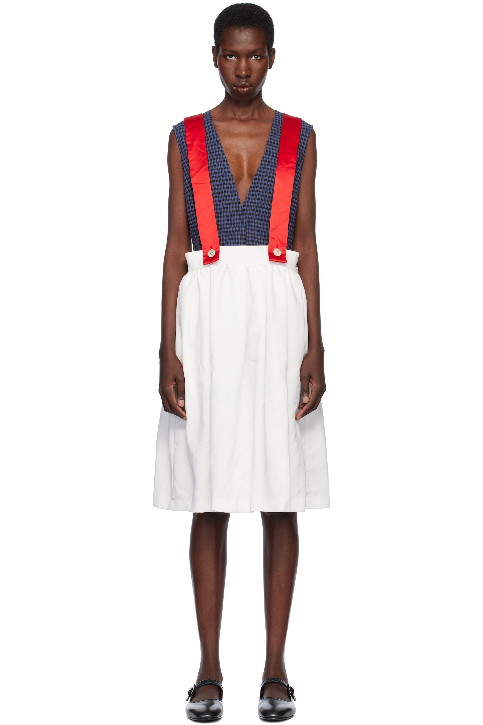 Comme des Garçons Girl - Jupe midi blanc et rouge en gabardine et en satin