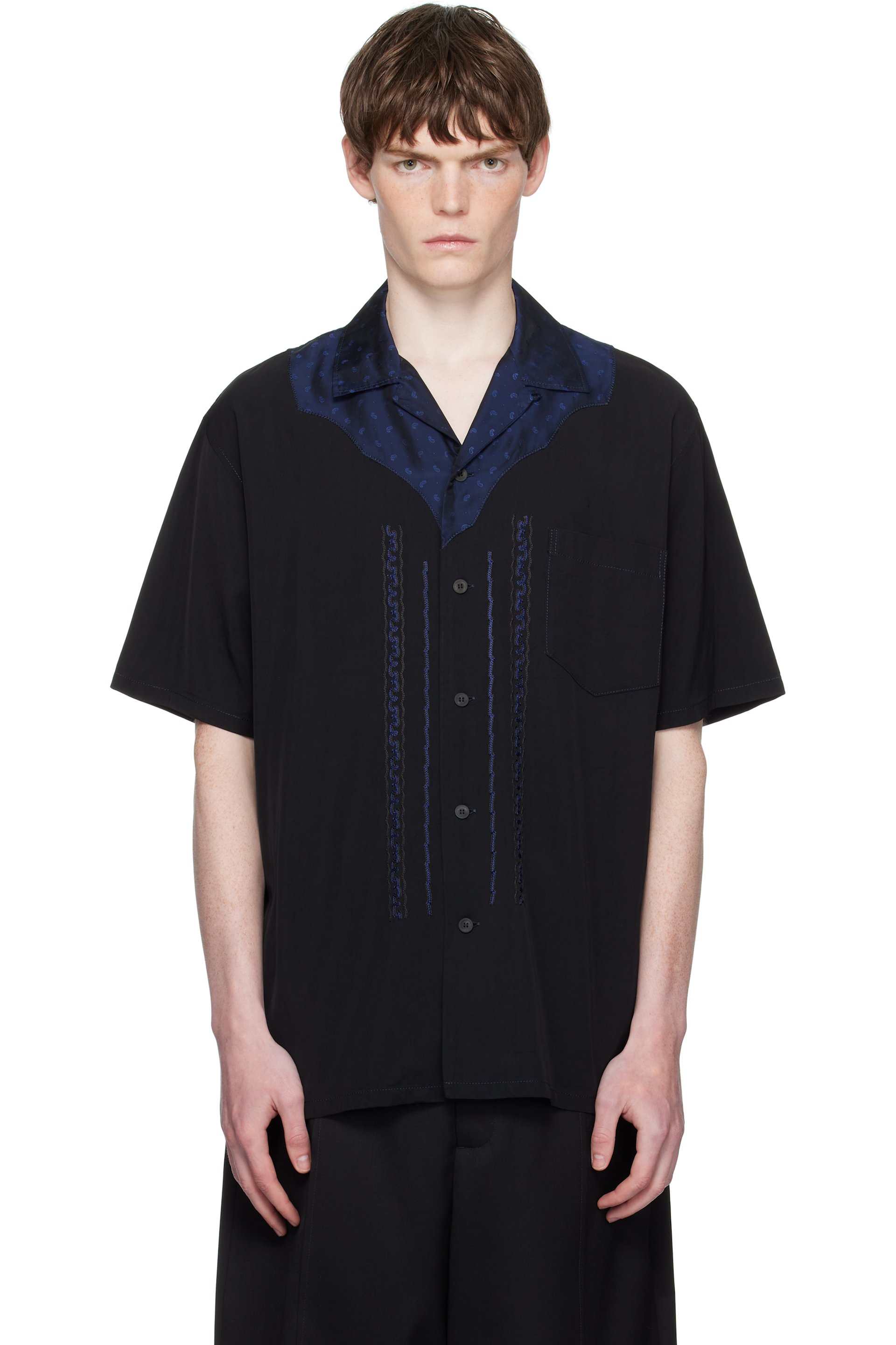 Toga Virilis - Black Viscose Twill Short Sleeve Shirt