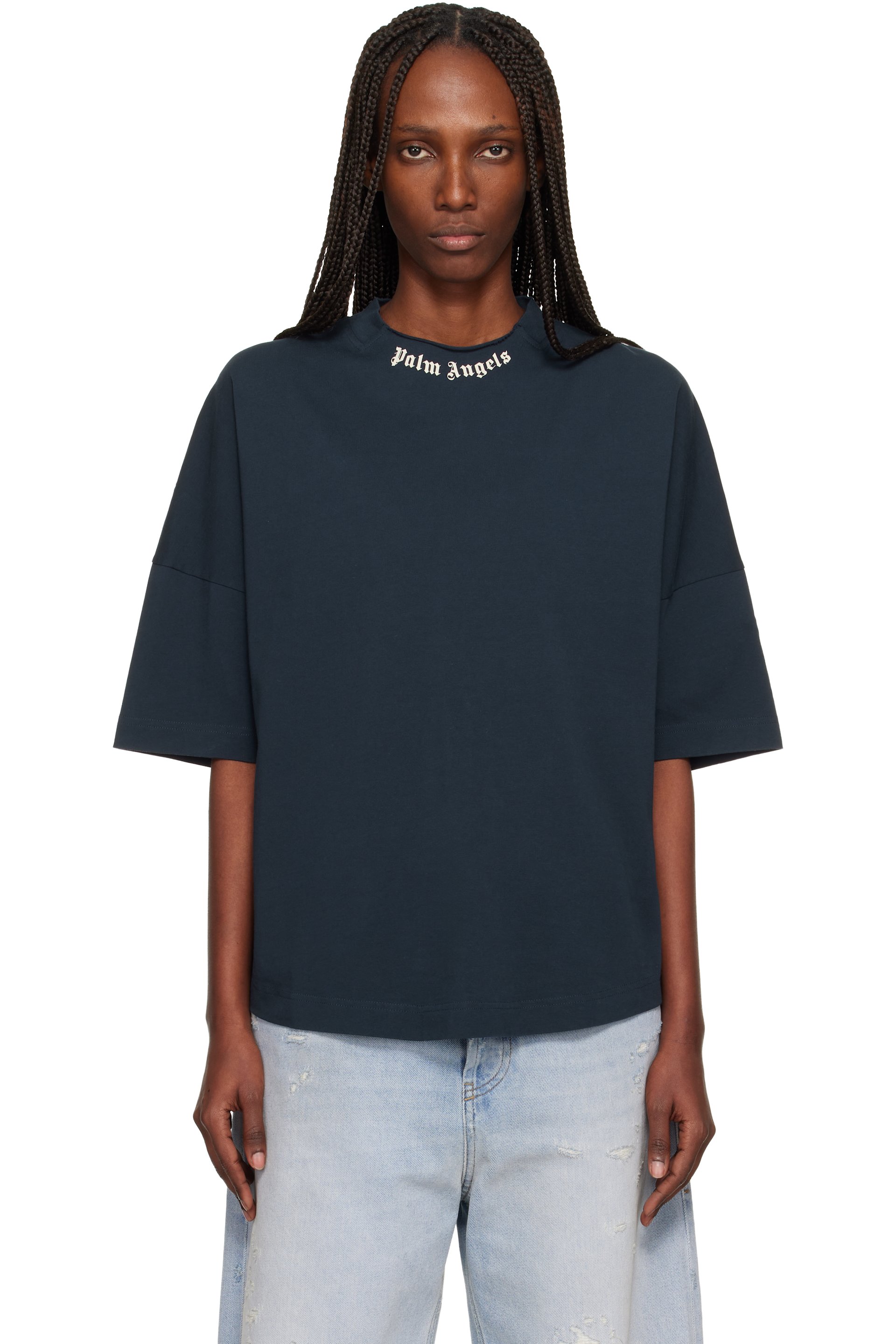 Palm Angels - T-shirt bleu marine à logo incurvé au col