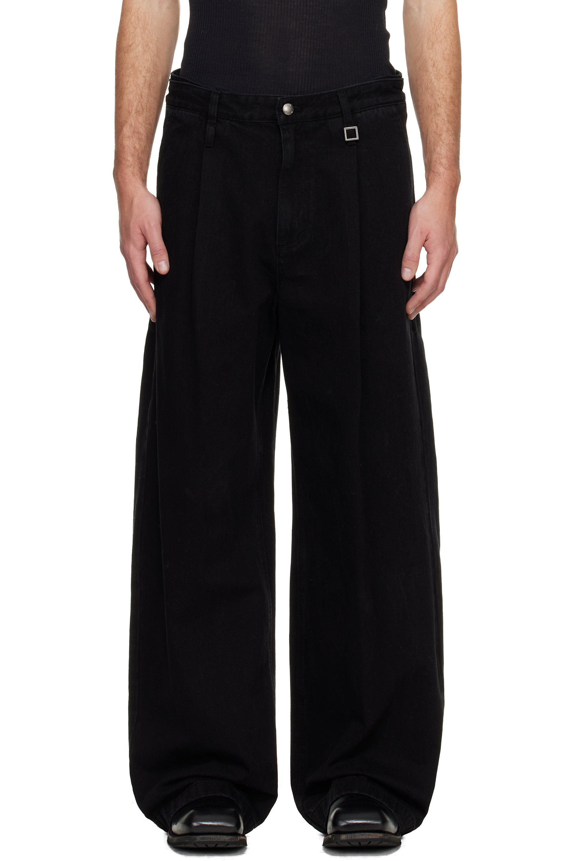 WOOYOUNGMI - Black Wide Folding Jeans