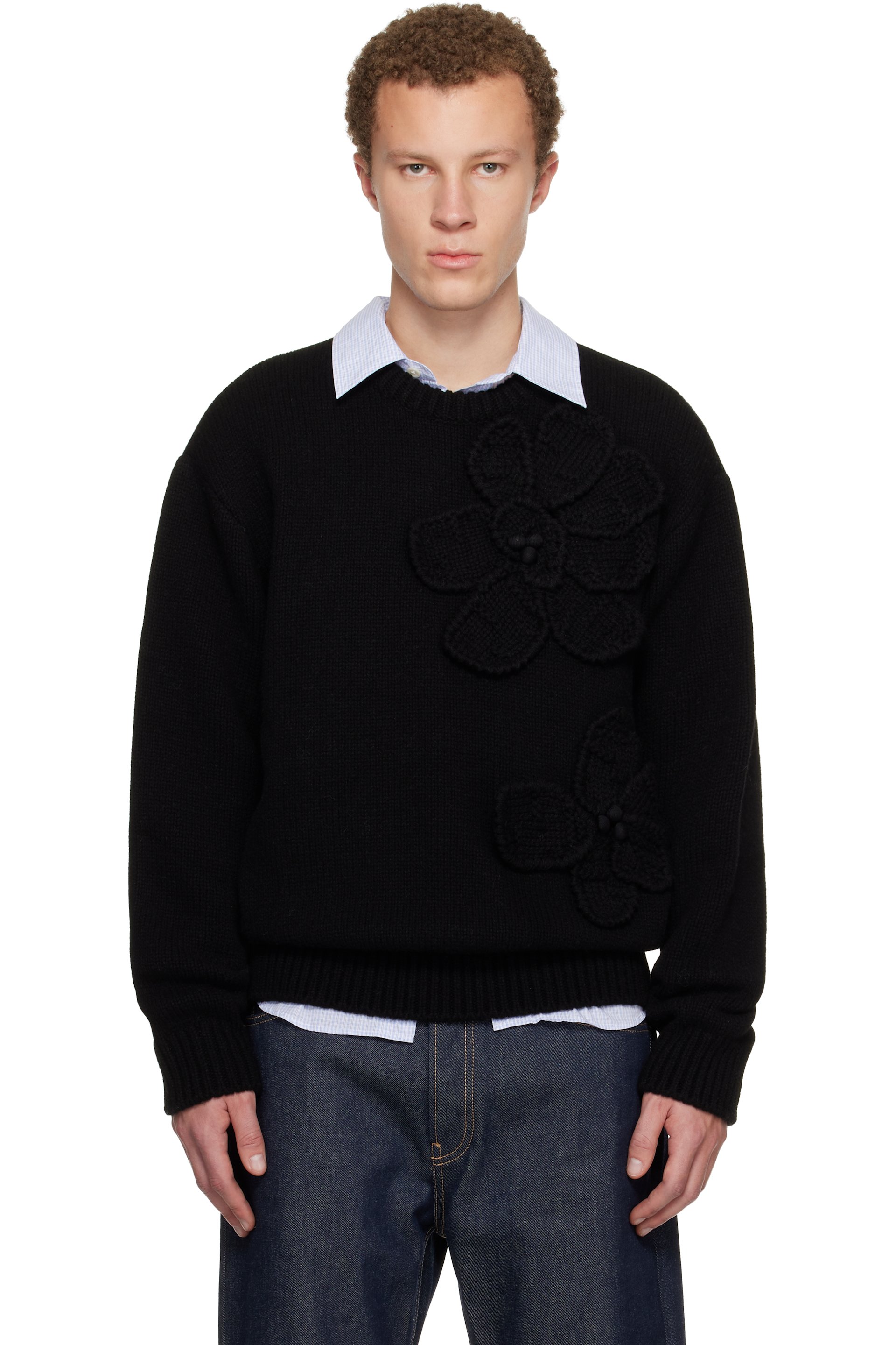 WOOYOUNGMI - Black Flower Wool Sweater