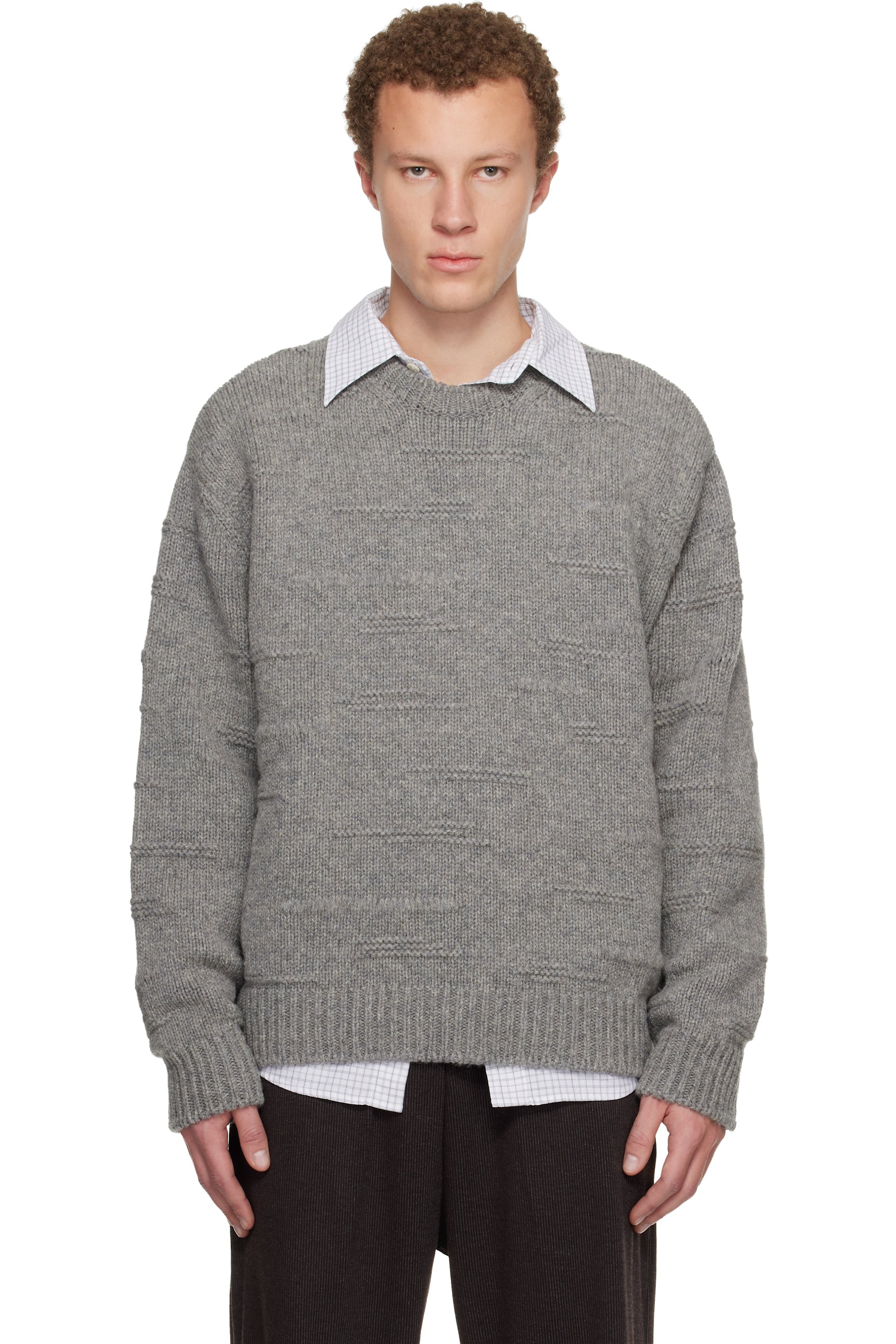 WOOYOUNGMI - Gray Textured Stripe Wool Sweater