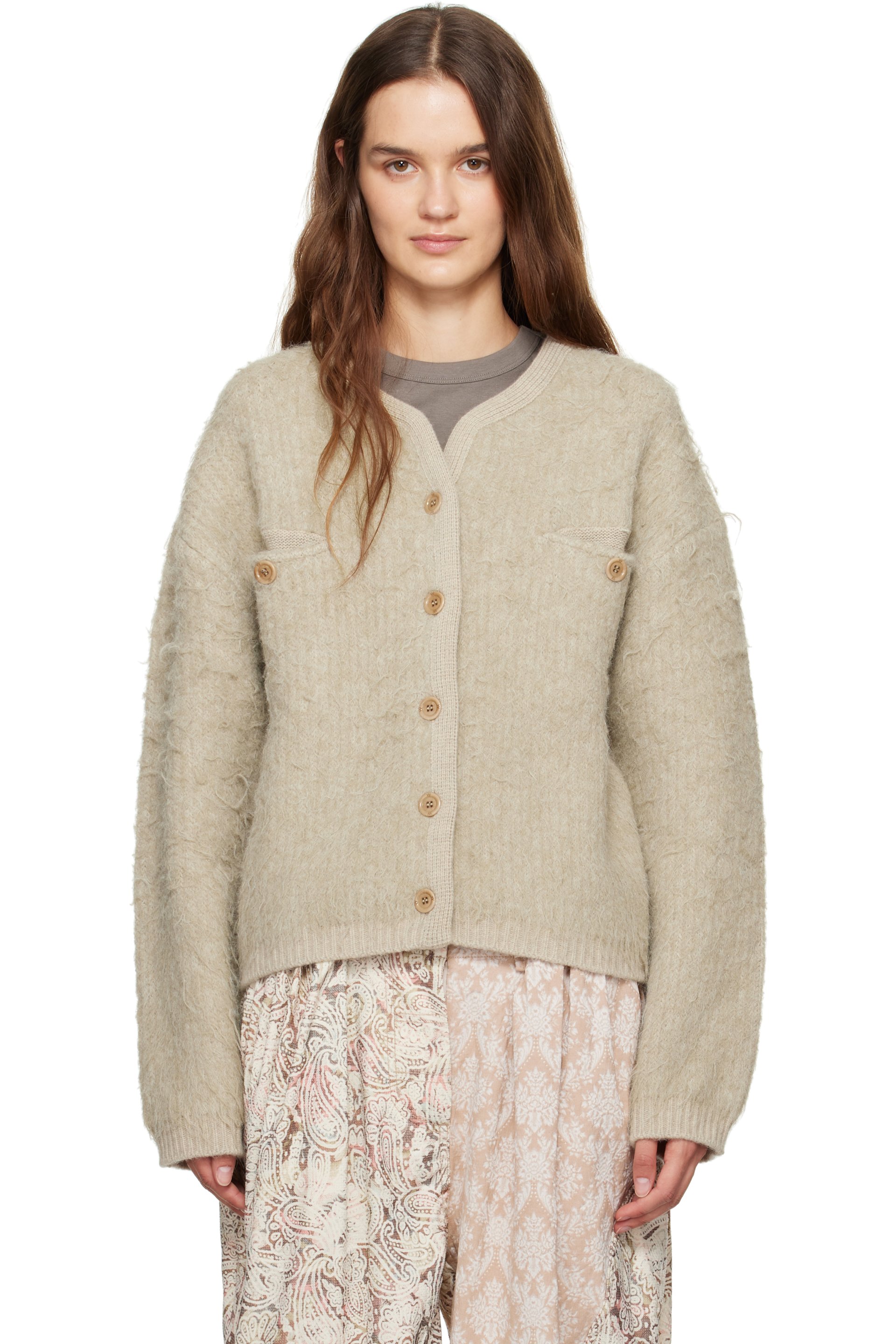 OPEN YY - Cardigan beige en tricot à poils longs