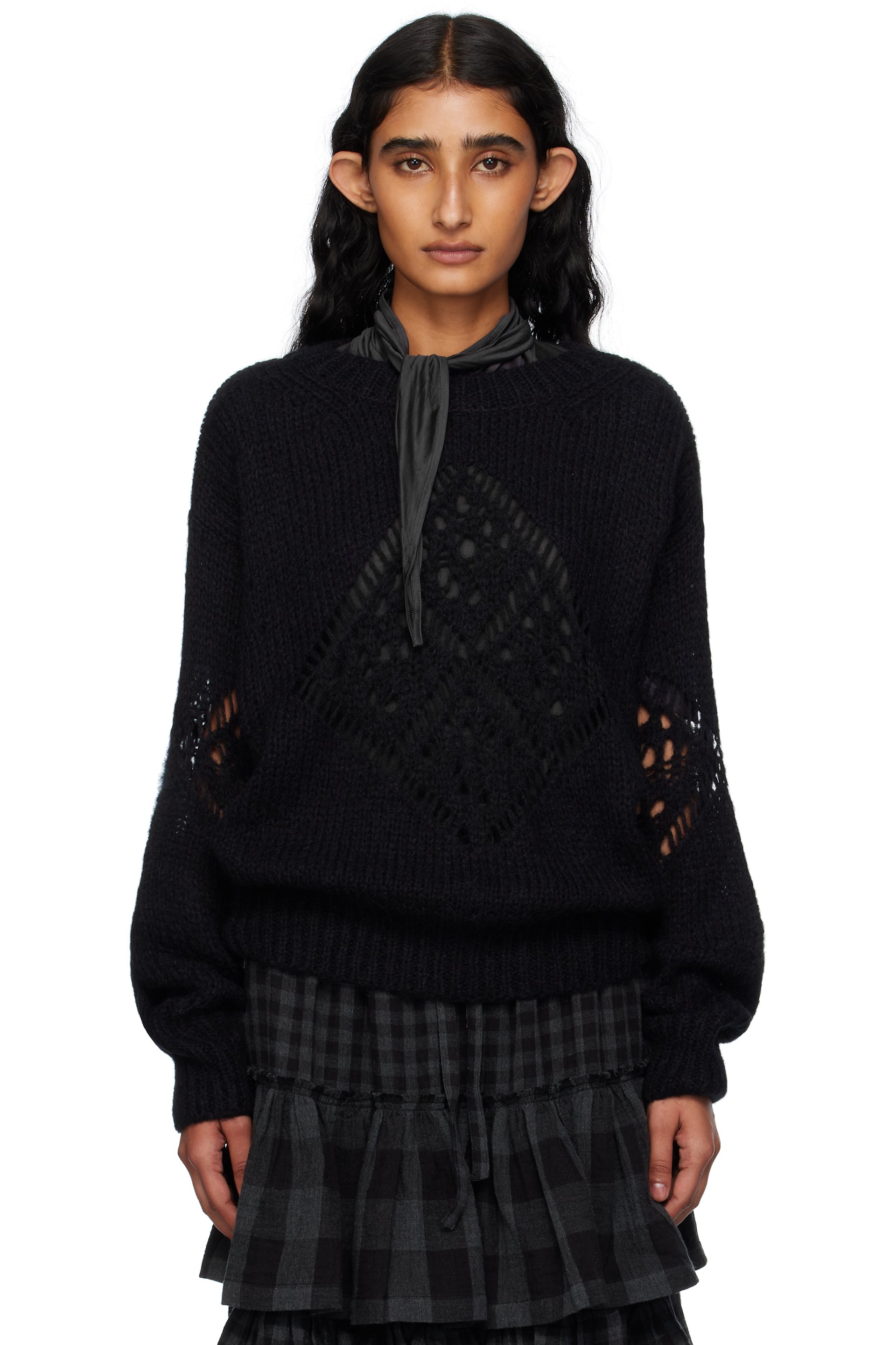 OPEN YY - Black Alpaca Argyle Pointelle Sweater