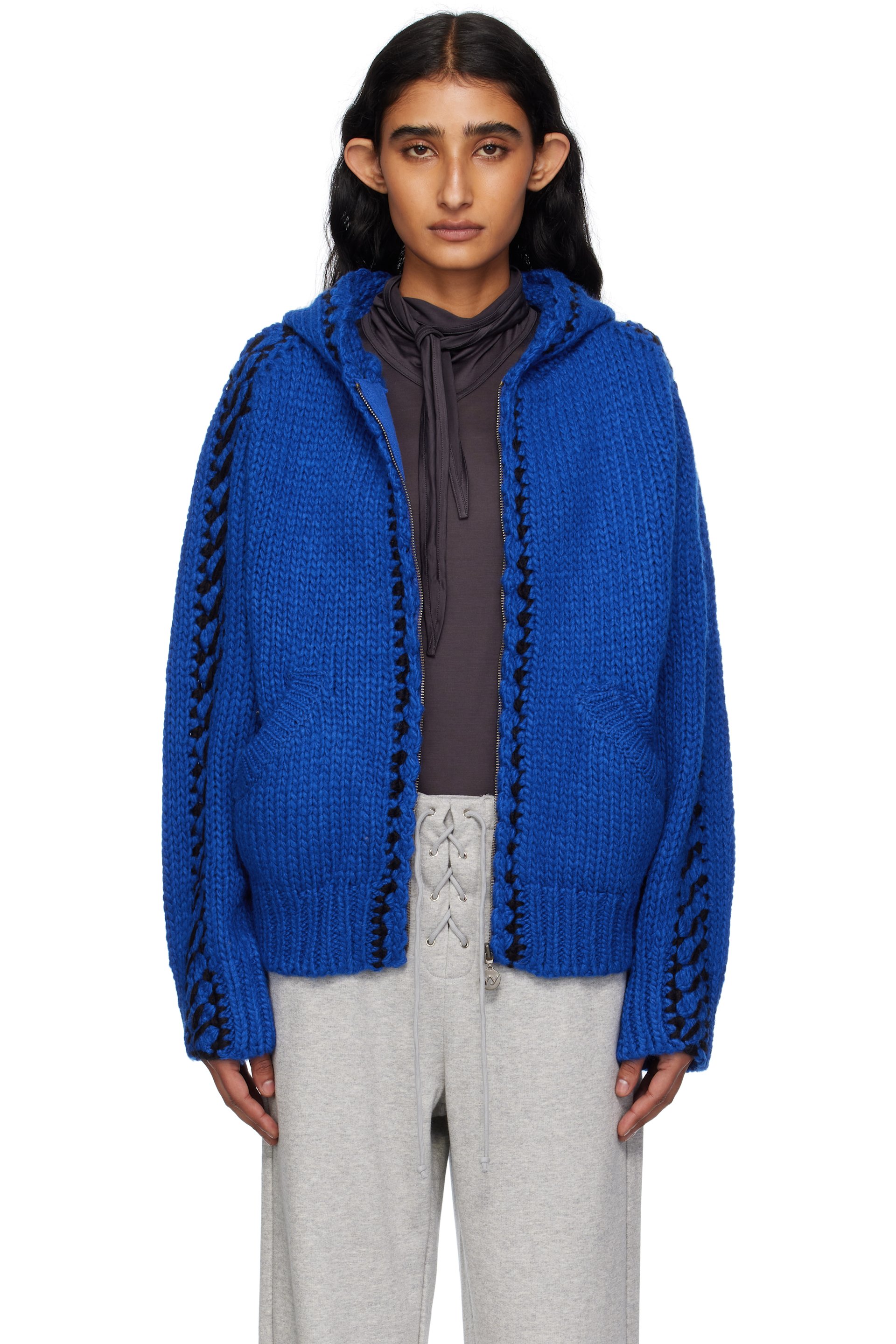 OPEN YY - Pull à capuche bleu en tricot à glissière et à ornements