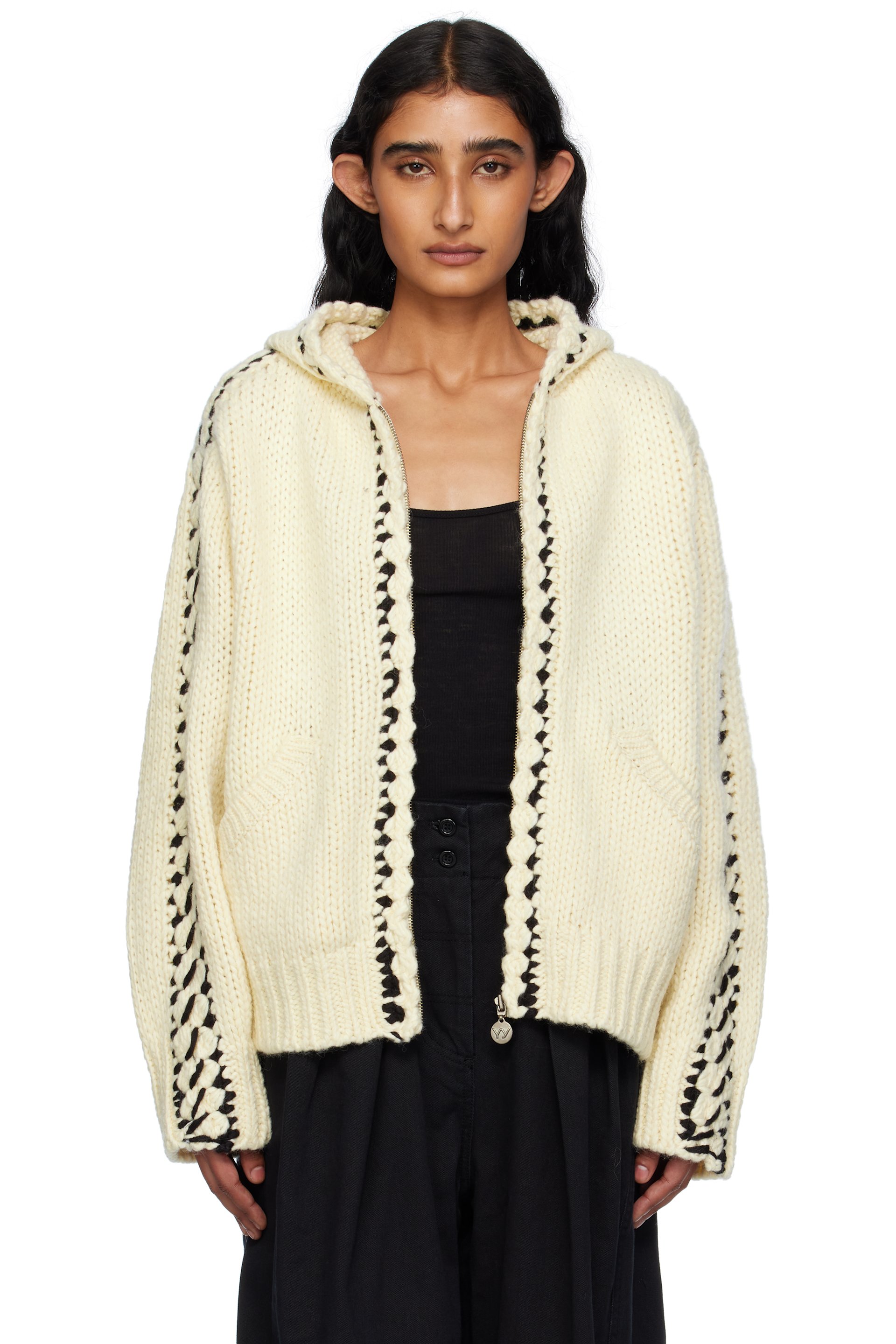 OPEN YY: Beige Stitch Zip Up Knit Hoodie | SSENSE