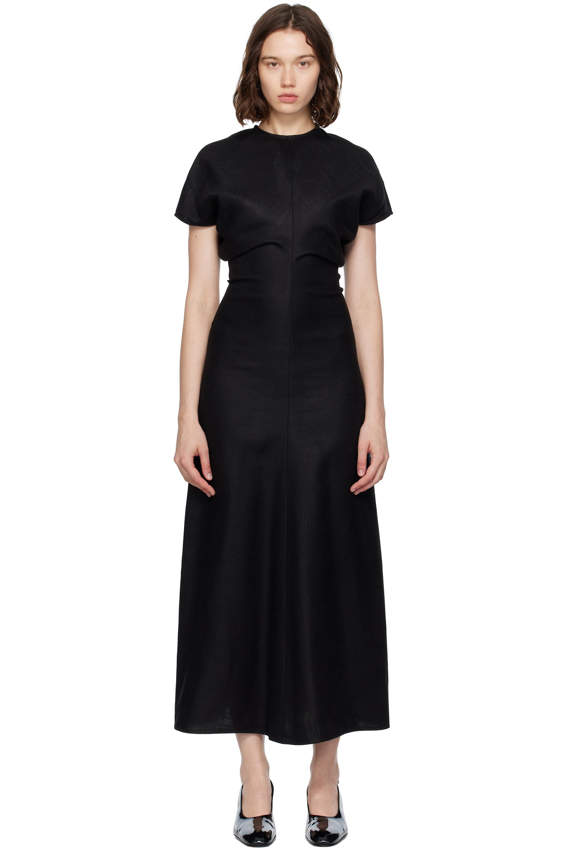 TOTEME - Robe midi noire en natté à taille drapée