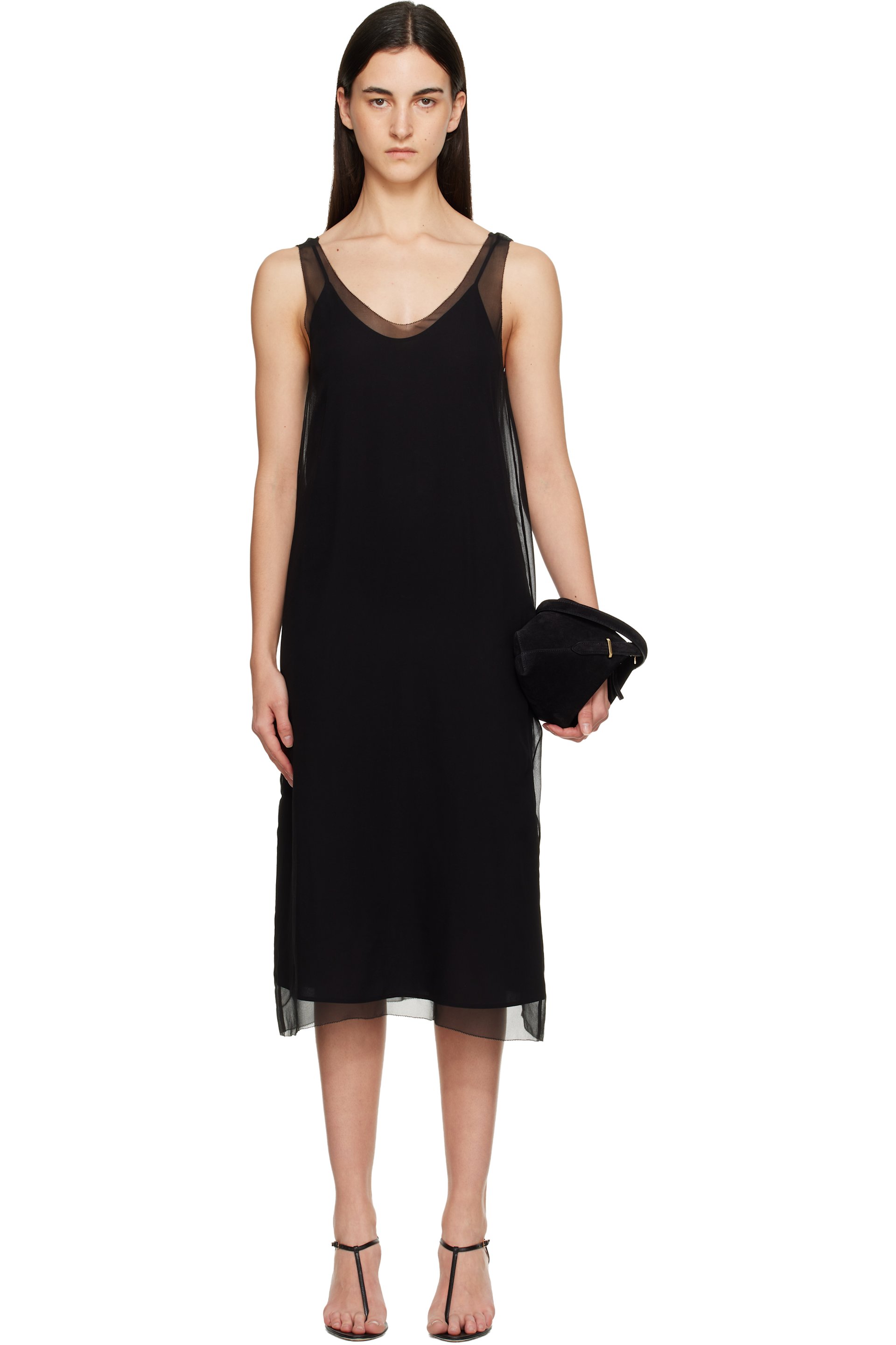 TOTEME - Robe midi noire en crêpe chiffon à fond de robe amovible