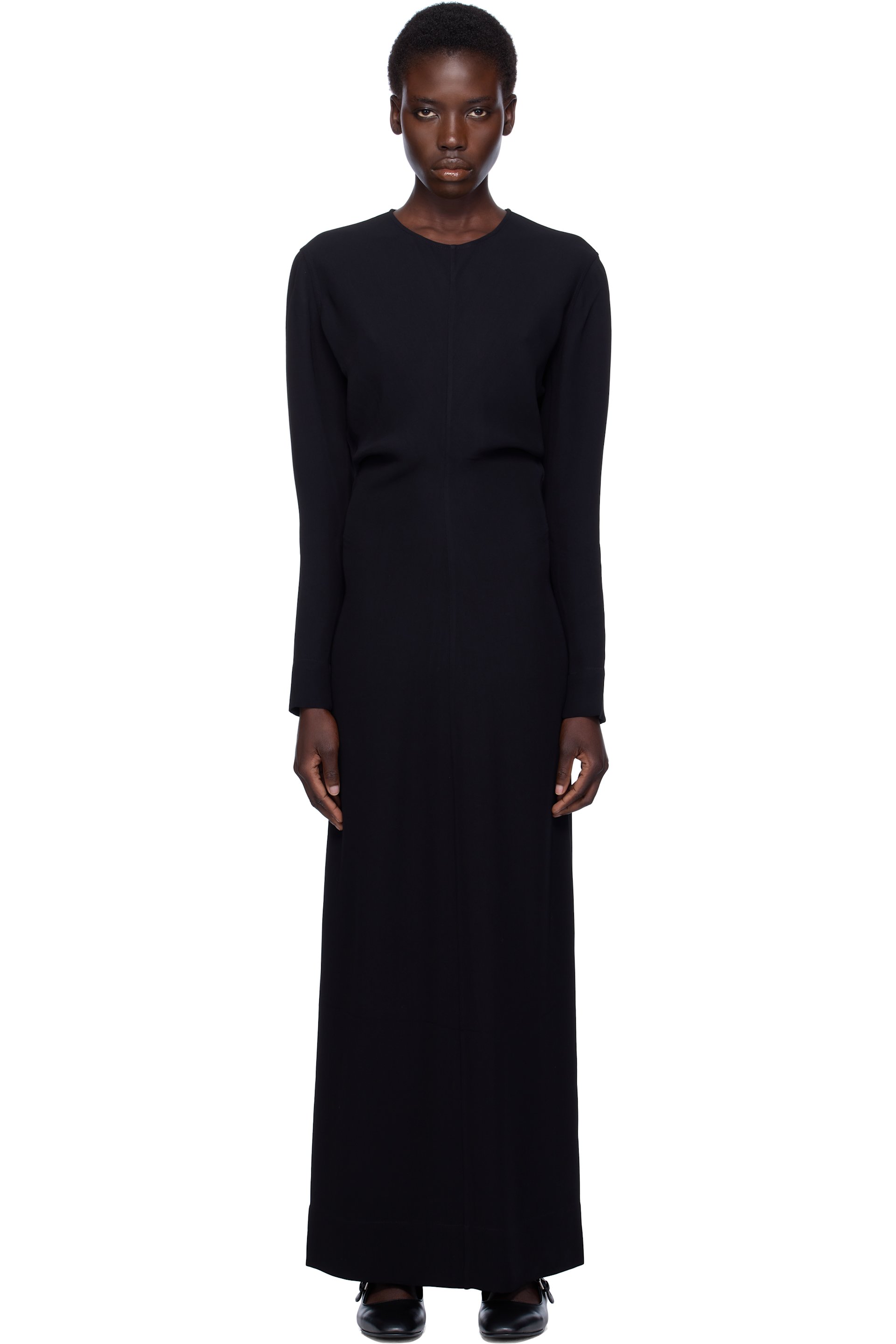 TOTEME - Robe longue à manches longues noire à taille drapée