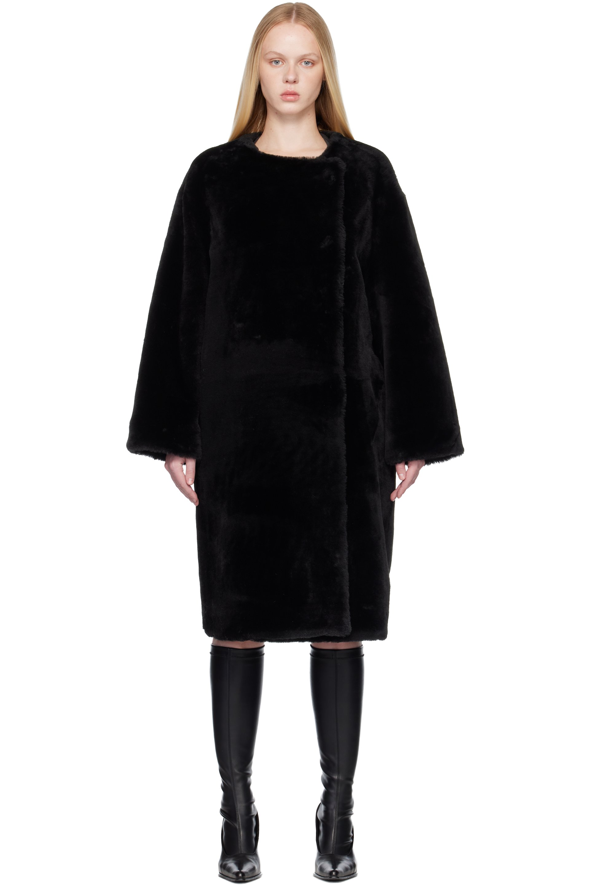TOTEME - Black Collarless Shearling Coat