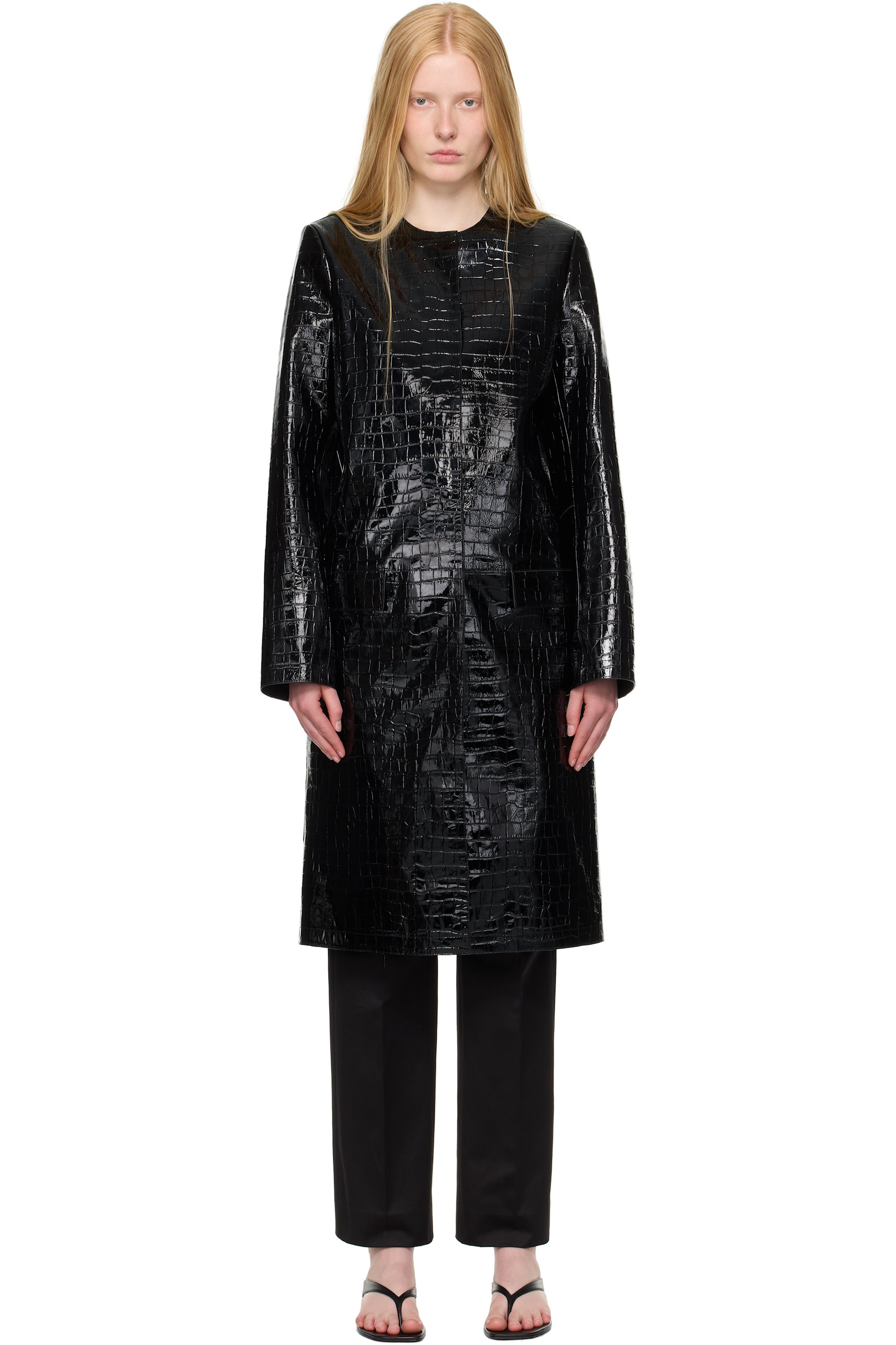 TOTEME - Manteau noir en cuir gaufré façon croco