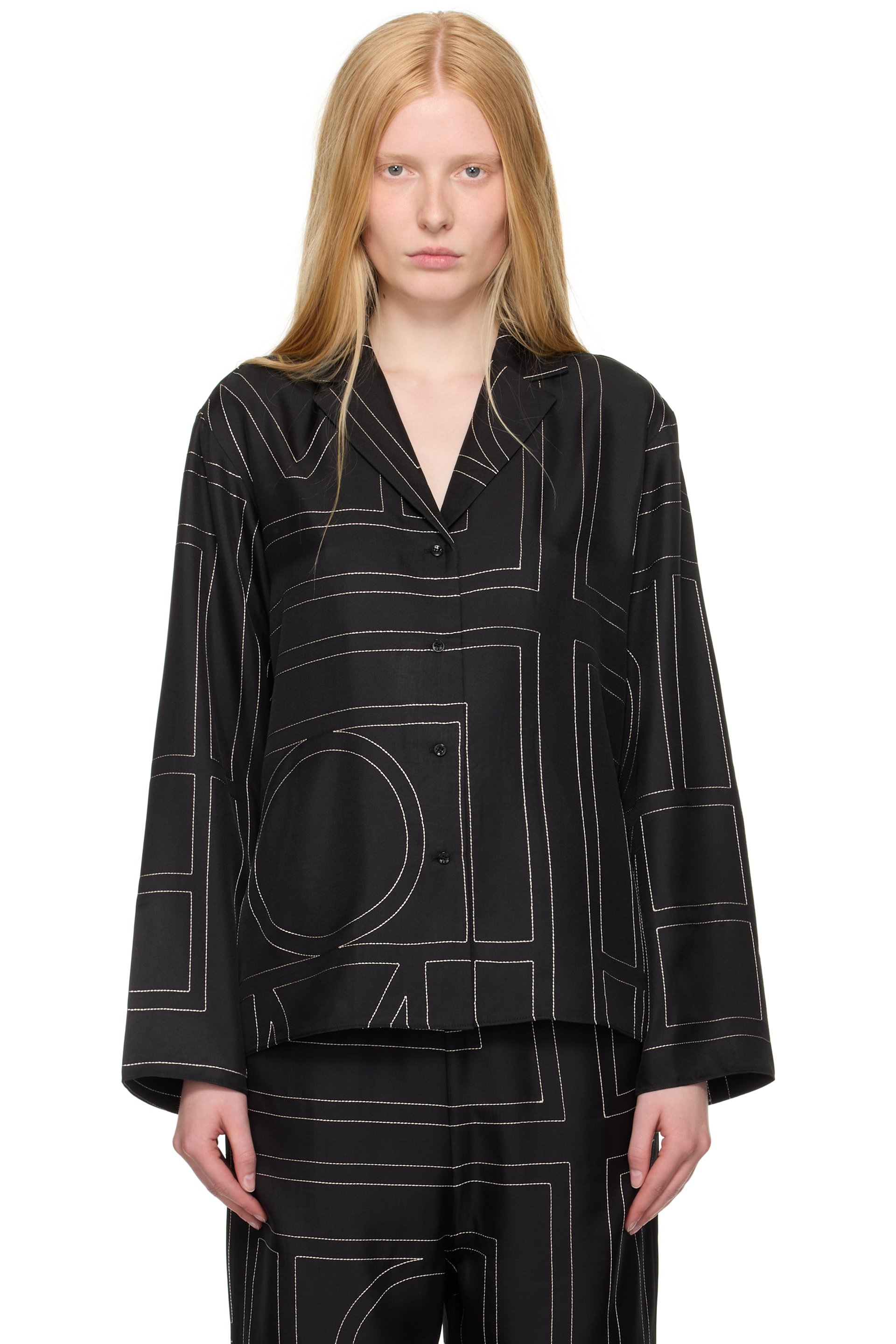 TOTEME - Chemise noire en soie à monogrammes