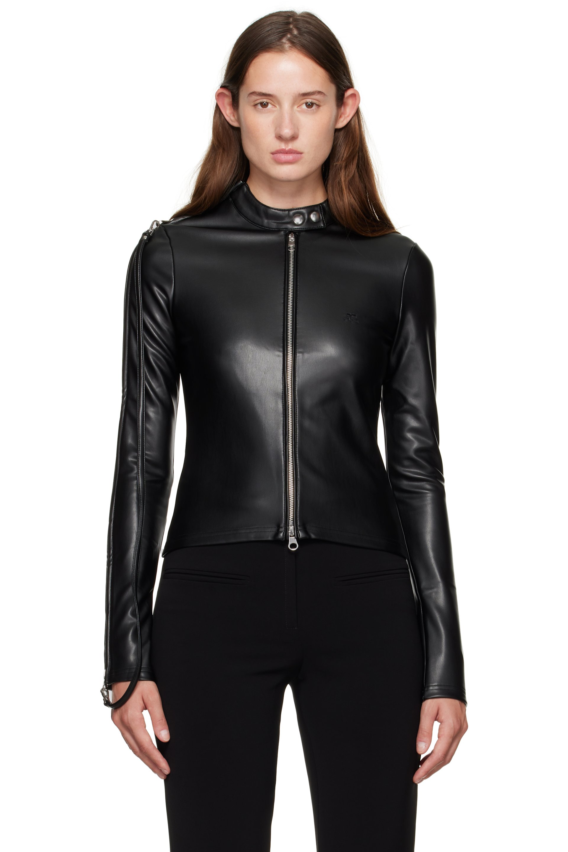 Courrèges - ブラック Zipped Biker フェイクレザー トップス