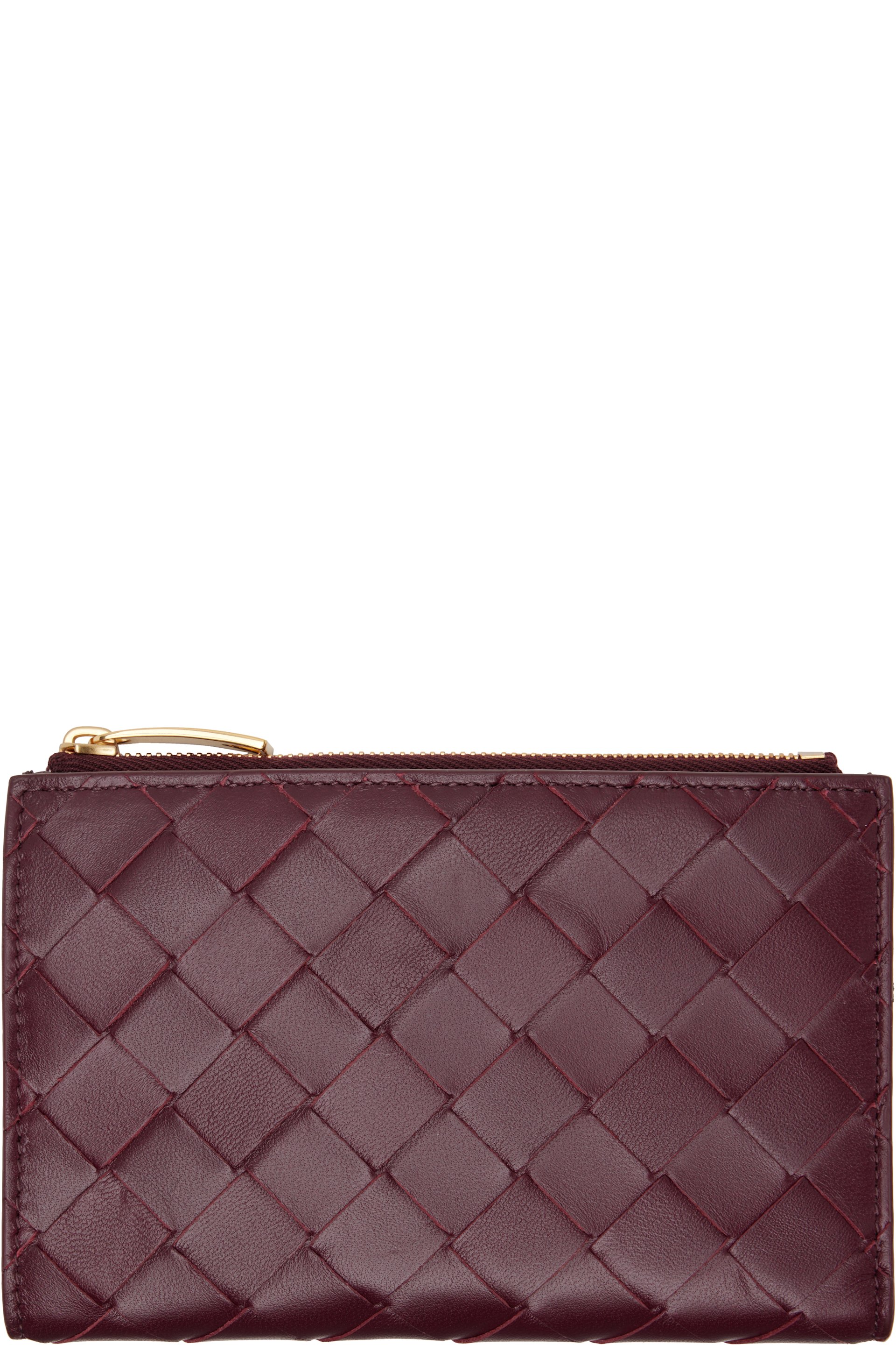 Bottega Veneta - Moyen portefeuille bourgogne en cuir tissé façon intrecciato à deux volets