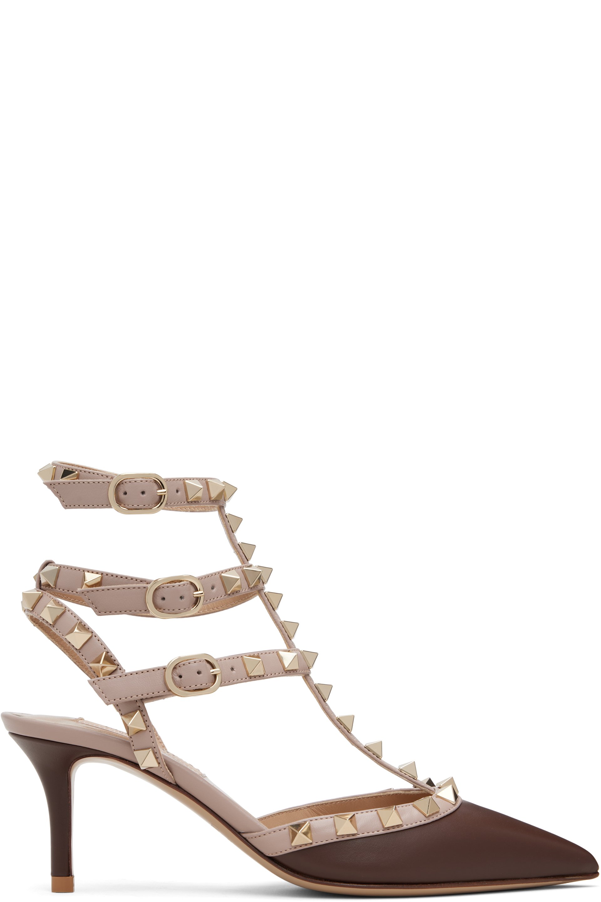 Valentino Garavani - Chaussures à talon brunes à clous Rockstud et à brides