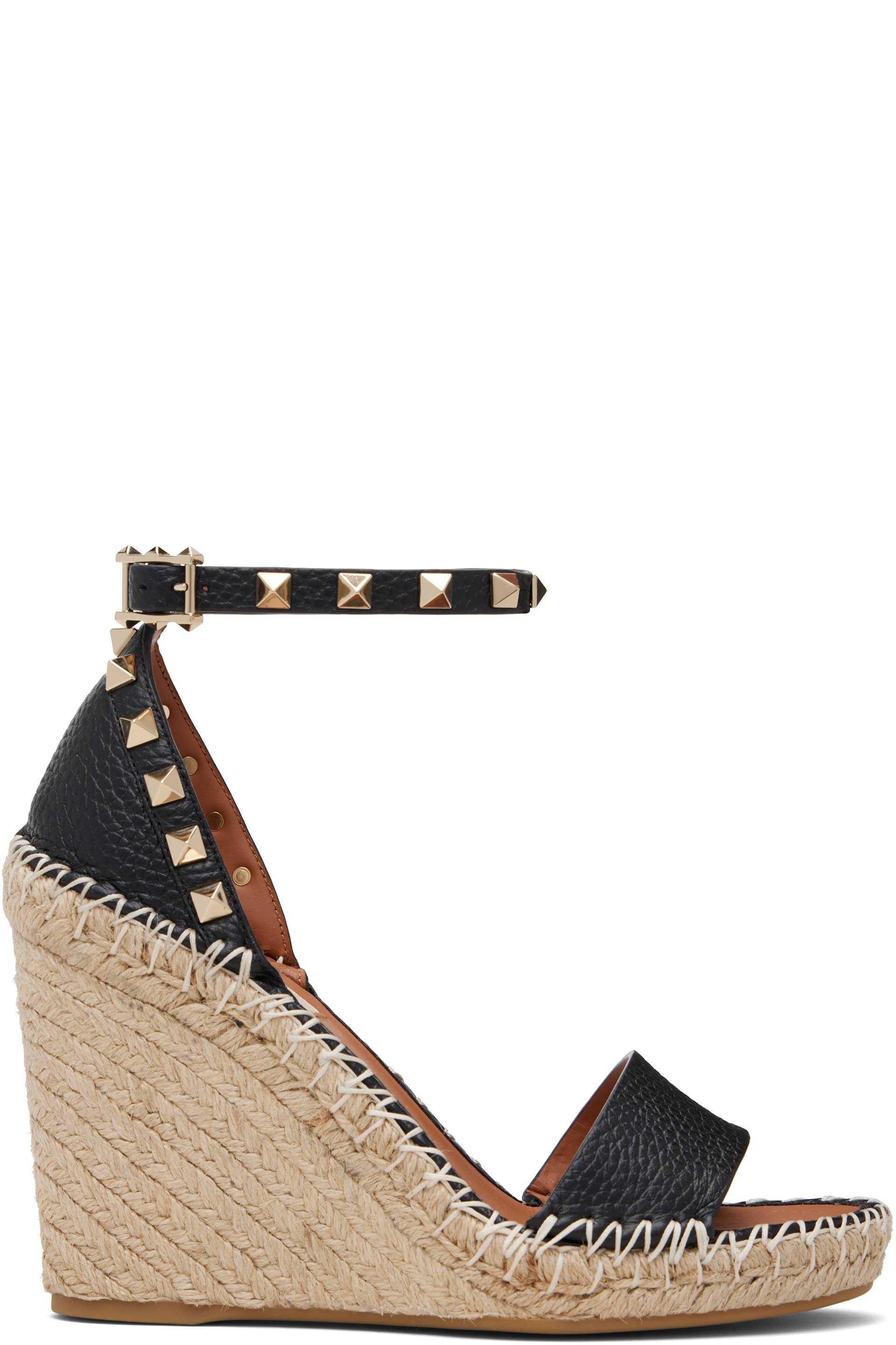 Valentino Garavani - Sandales à talon compensé Double noires en cuir de veau grainé à clous Rockstud