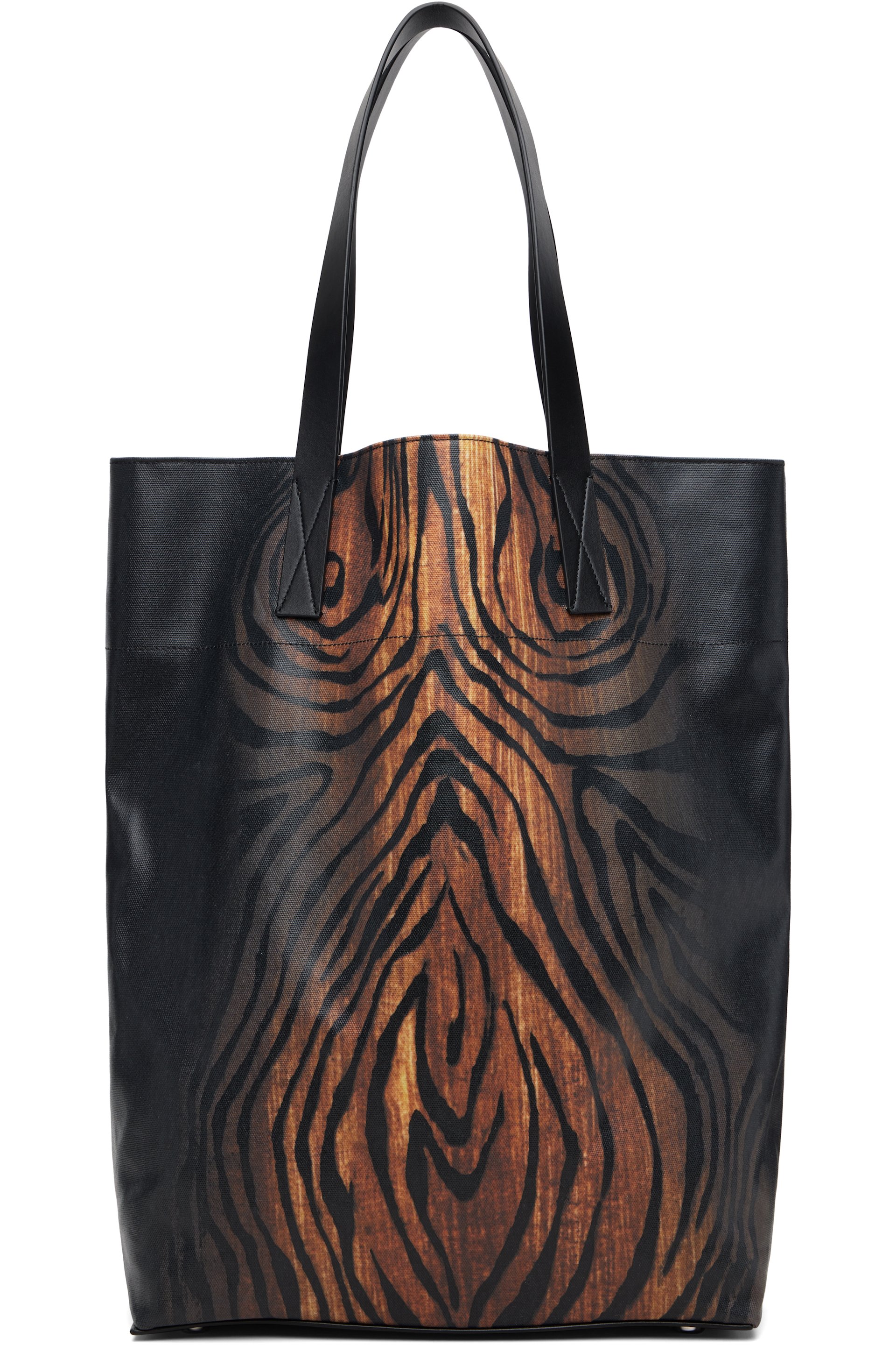 Jean Paul Gaultier - Cabas noir et brun en canevas enduit à imprimé Wood