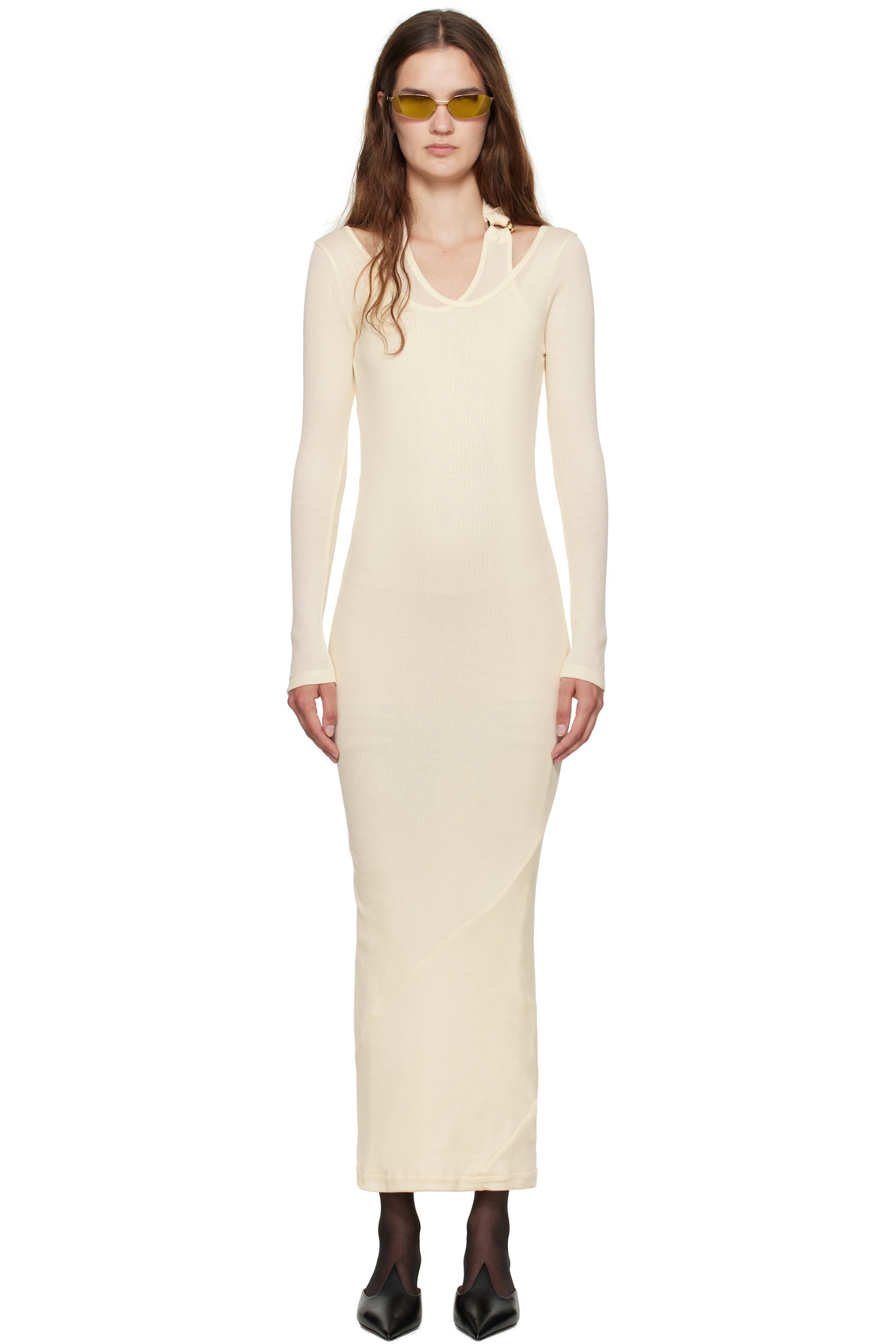 Jean Paul Gaultier - Robe midi étagée blanc cassé en tricot côtelé à ferrure de style perçage