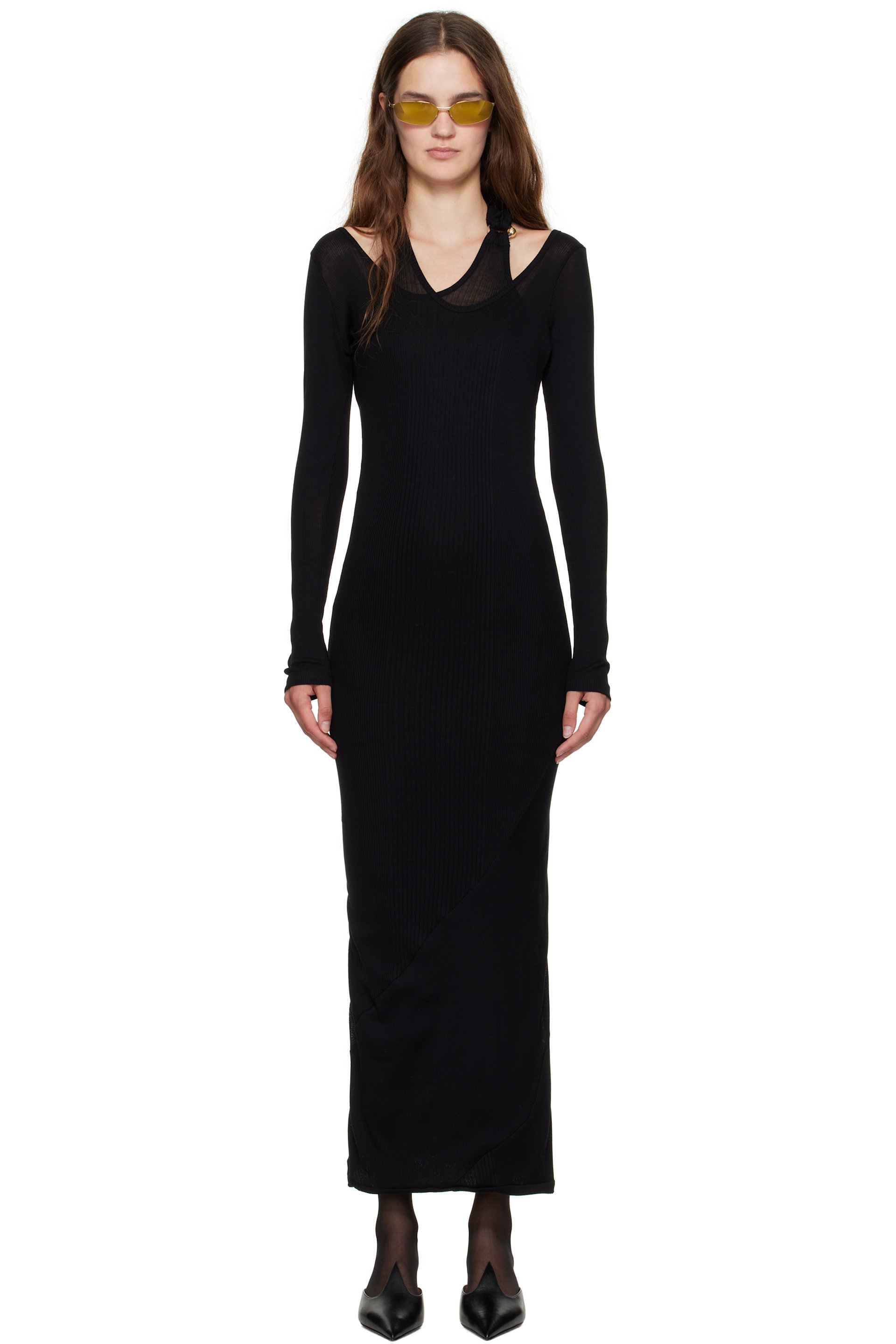 Jean Paul Gaultier - Robe midi étagée noire en tricot côtelé à ferrure de style perçage