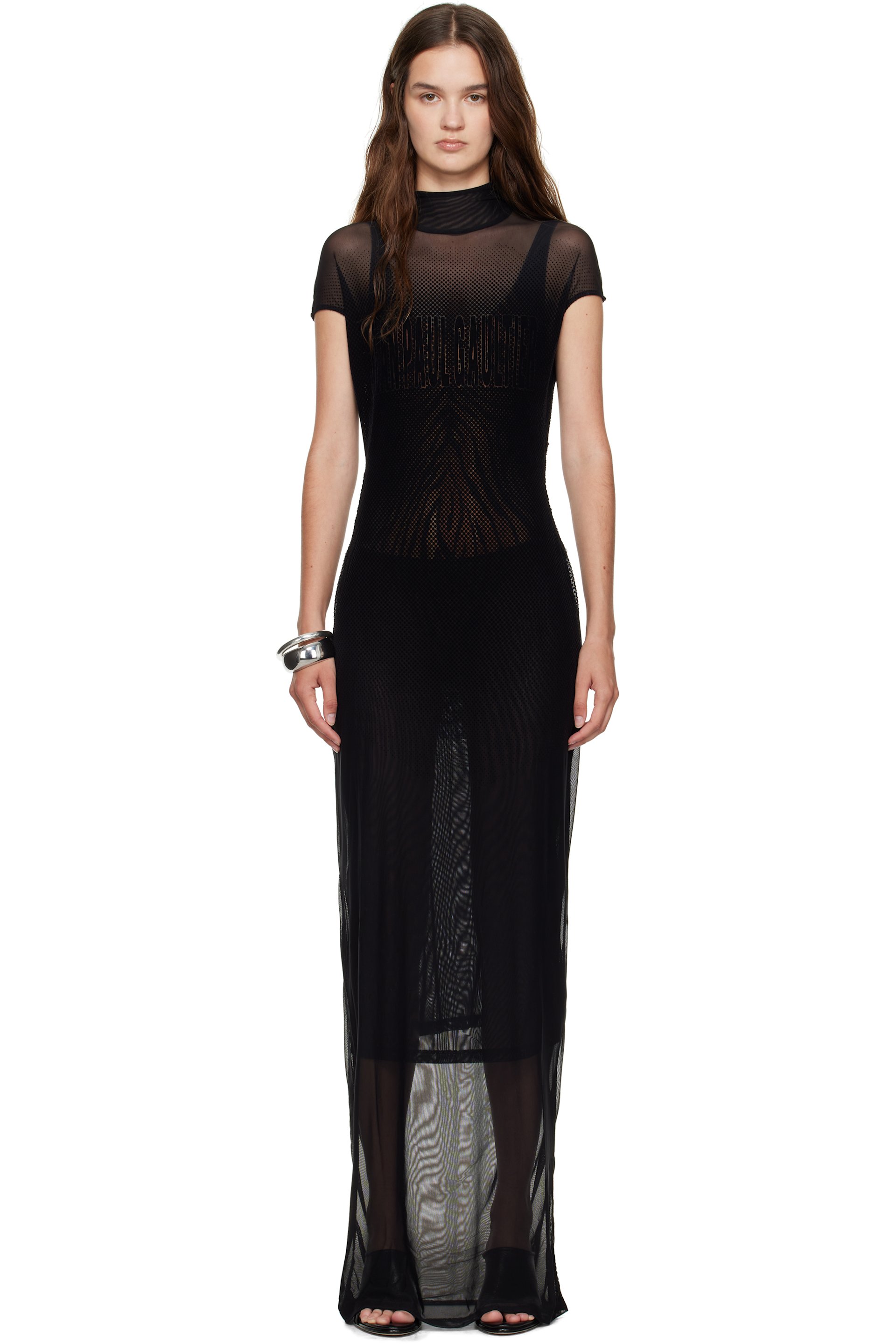 Jean Paul Gaultier - Robe longue noire à garnitures floqués et à mancherons