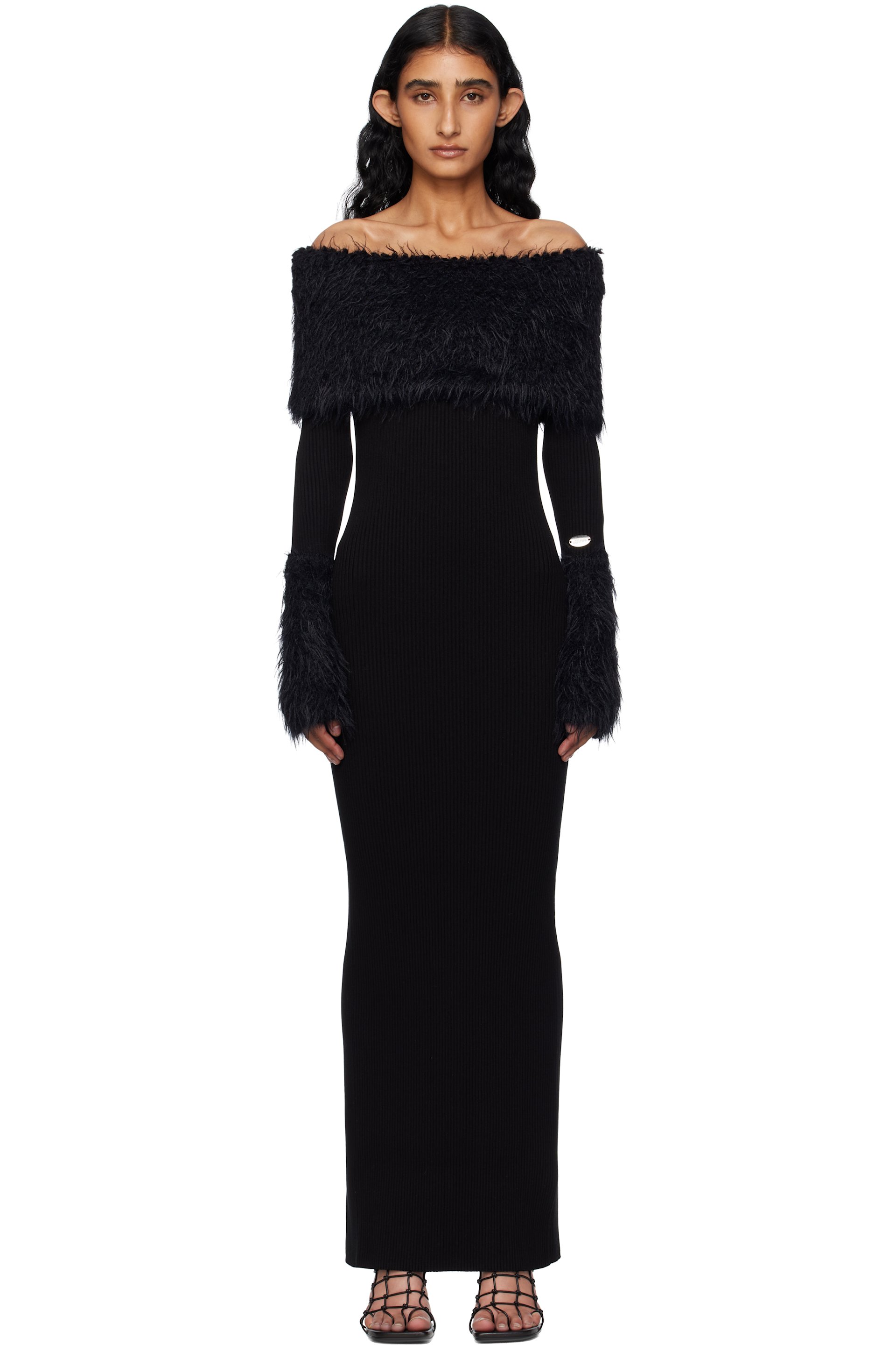 Jean Paul Gaultier - Robe longue noire en tricot côtelé de viscose à garnitures à poils longs