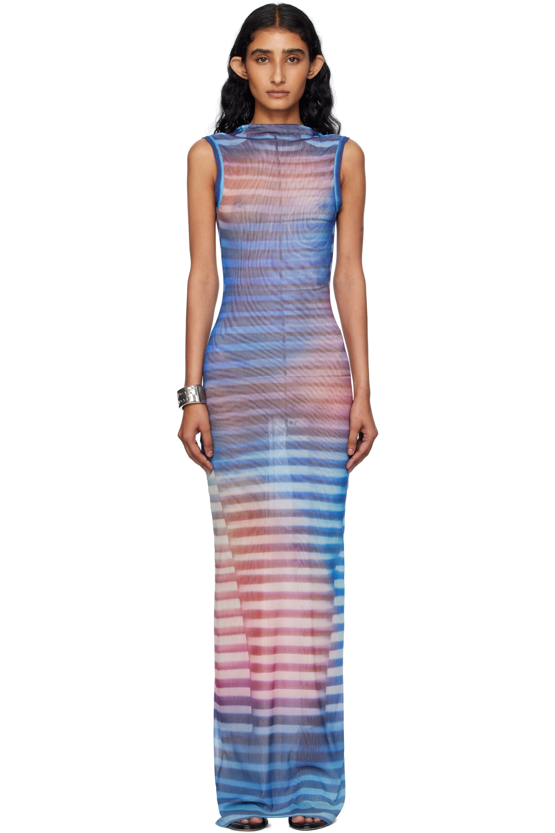 Jean Paul Gaultier - Robe longue bleu et rose à imprimé Air et à dos ouvert