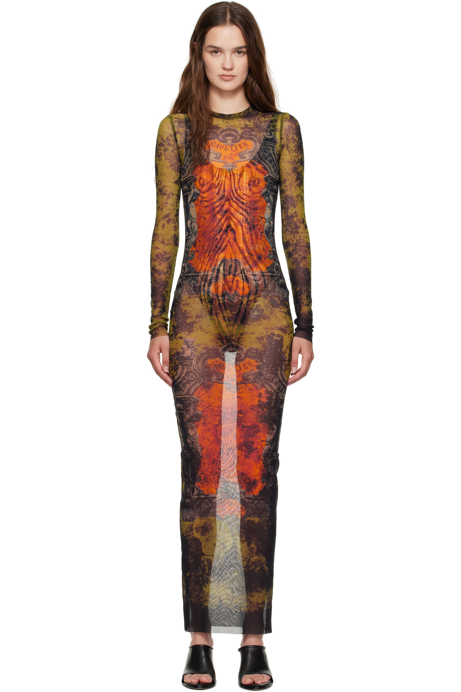 Jean Paul Gaultier - Robe longue kaki et orange à imprimé Médaillon