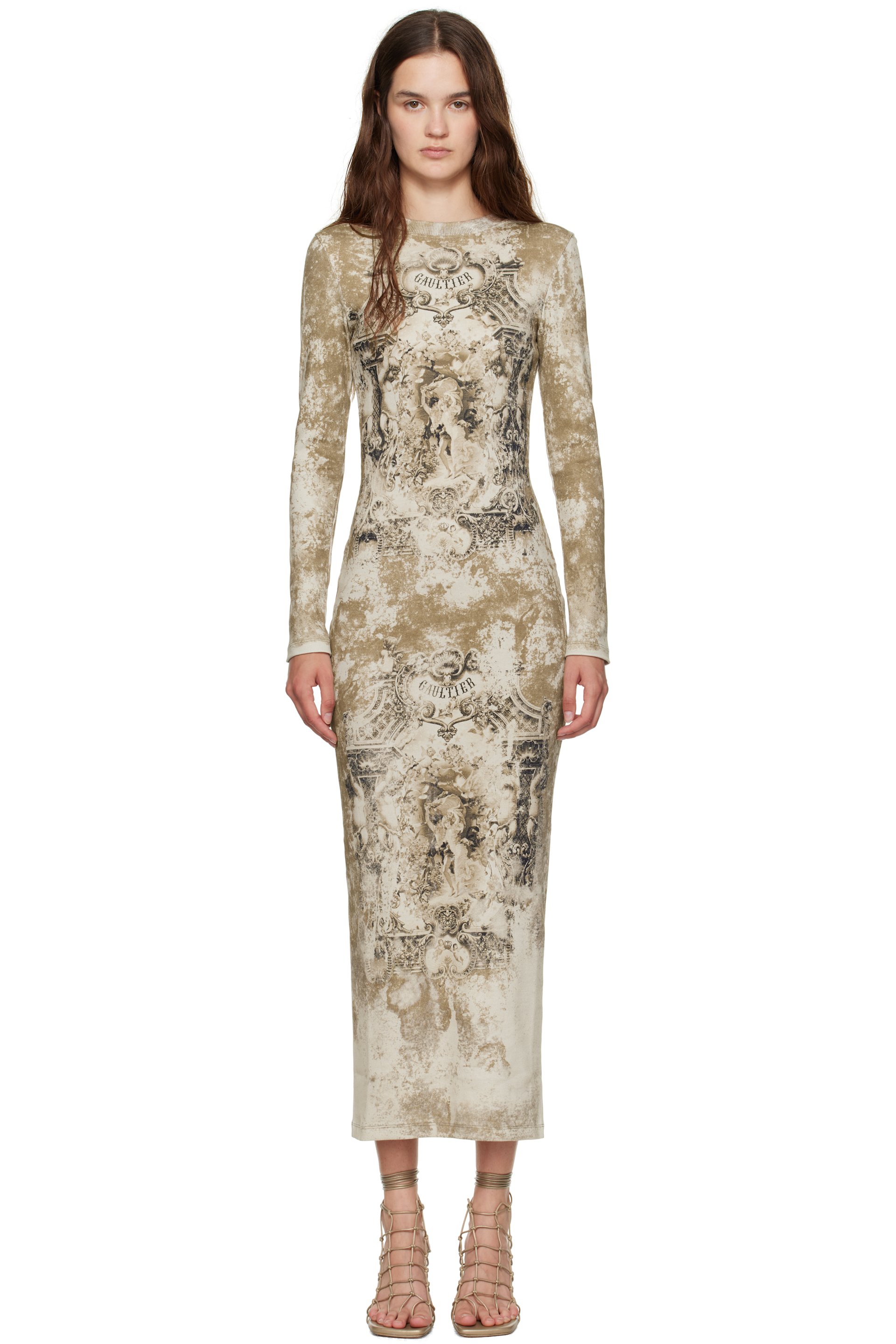 Jean Paul Gaultier - Robe longue beige en coton à imprimé Médaillon