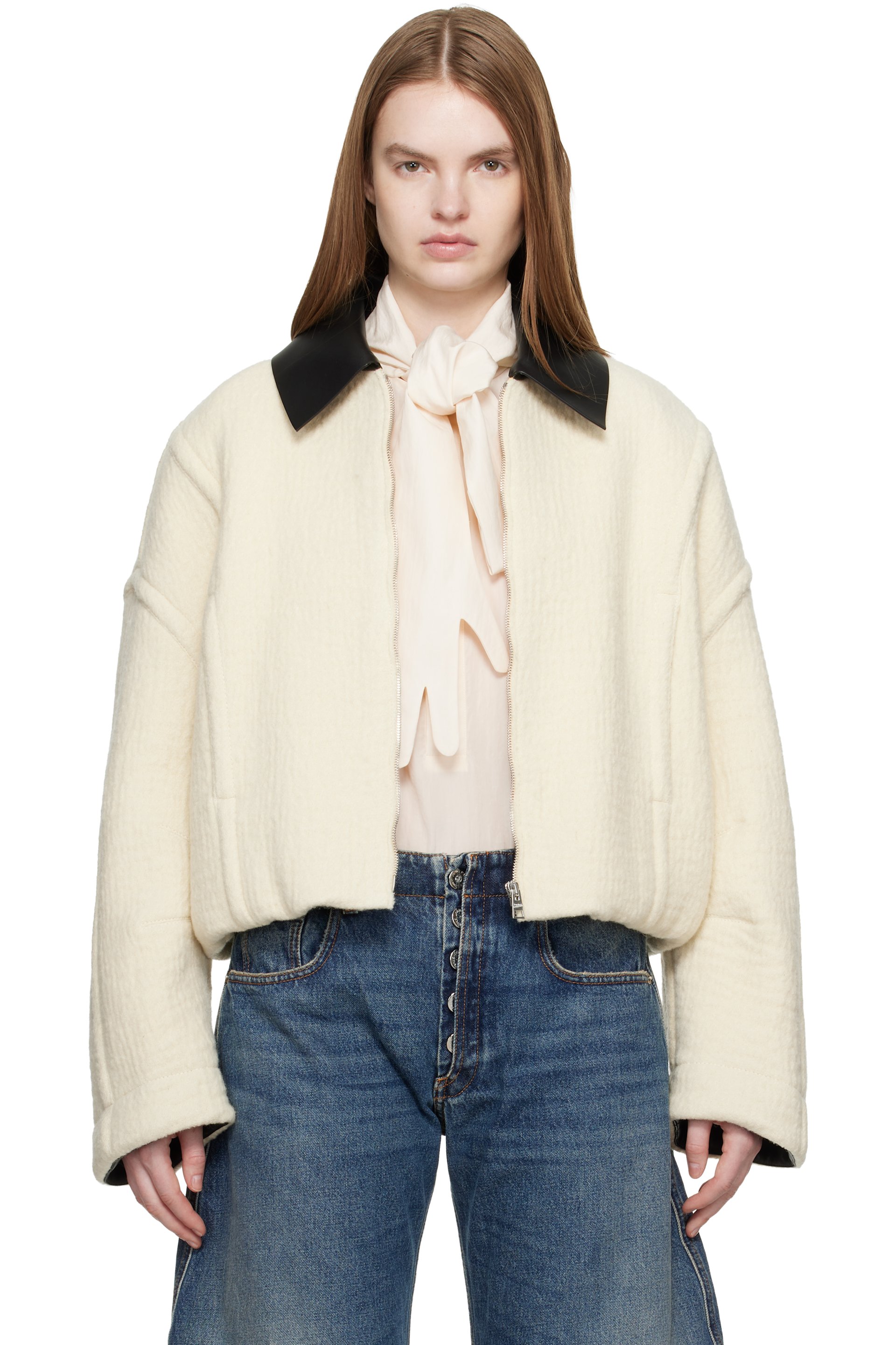 Off-White Heavy Wool Bomber Jacket by Jean Paul Gaultier on Sale