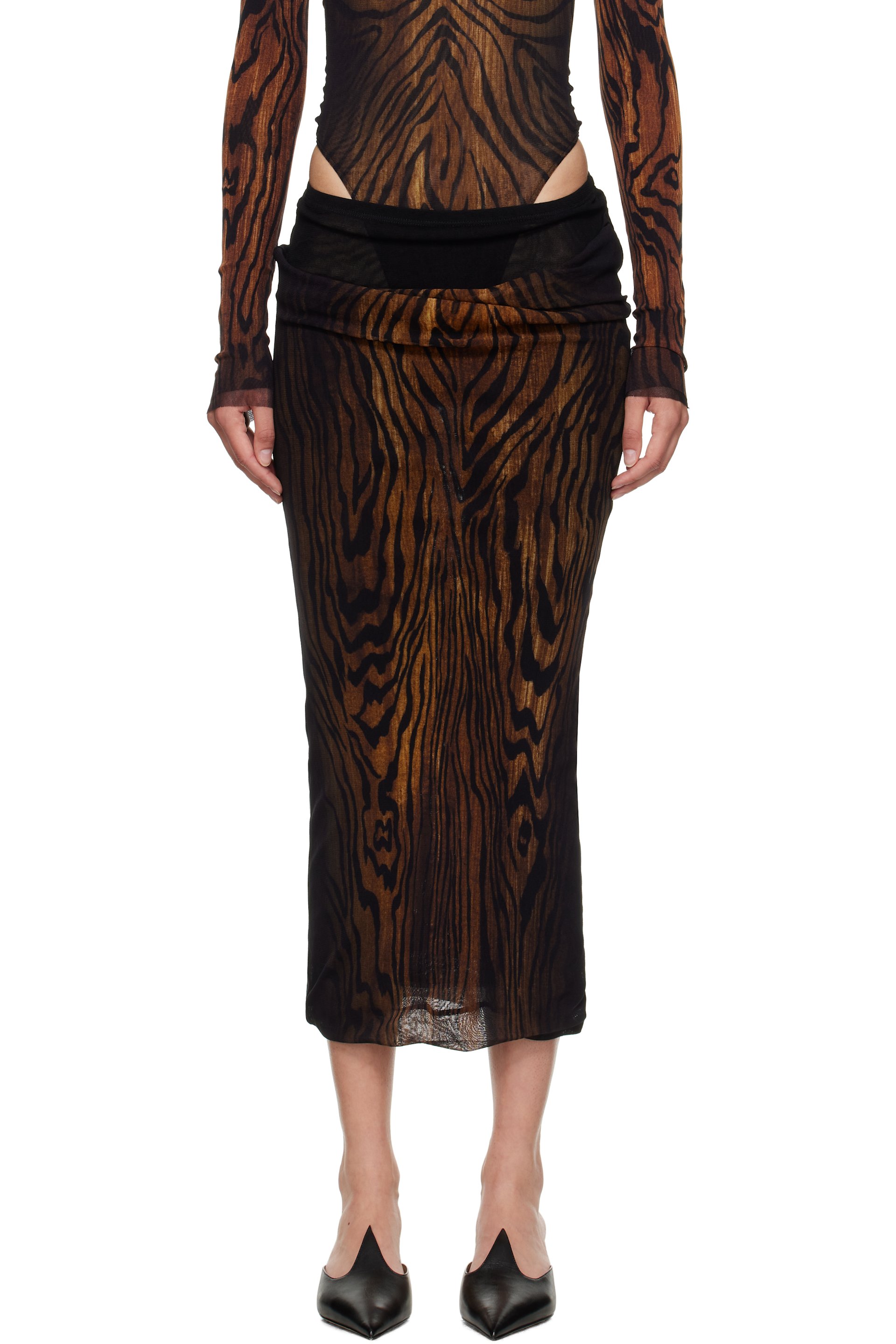 Jean Paul Gaultier - Jupe midi drapée noir et brun à imprimé Wood