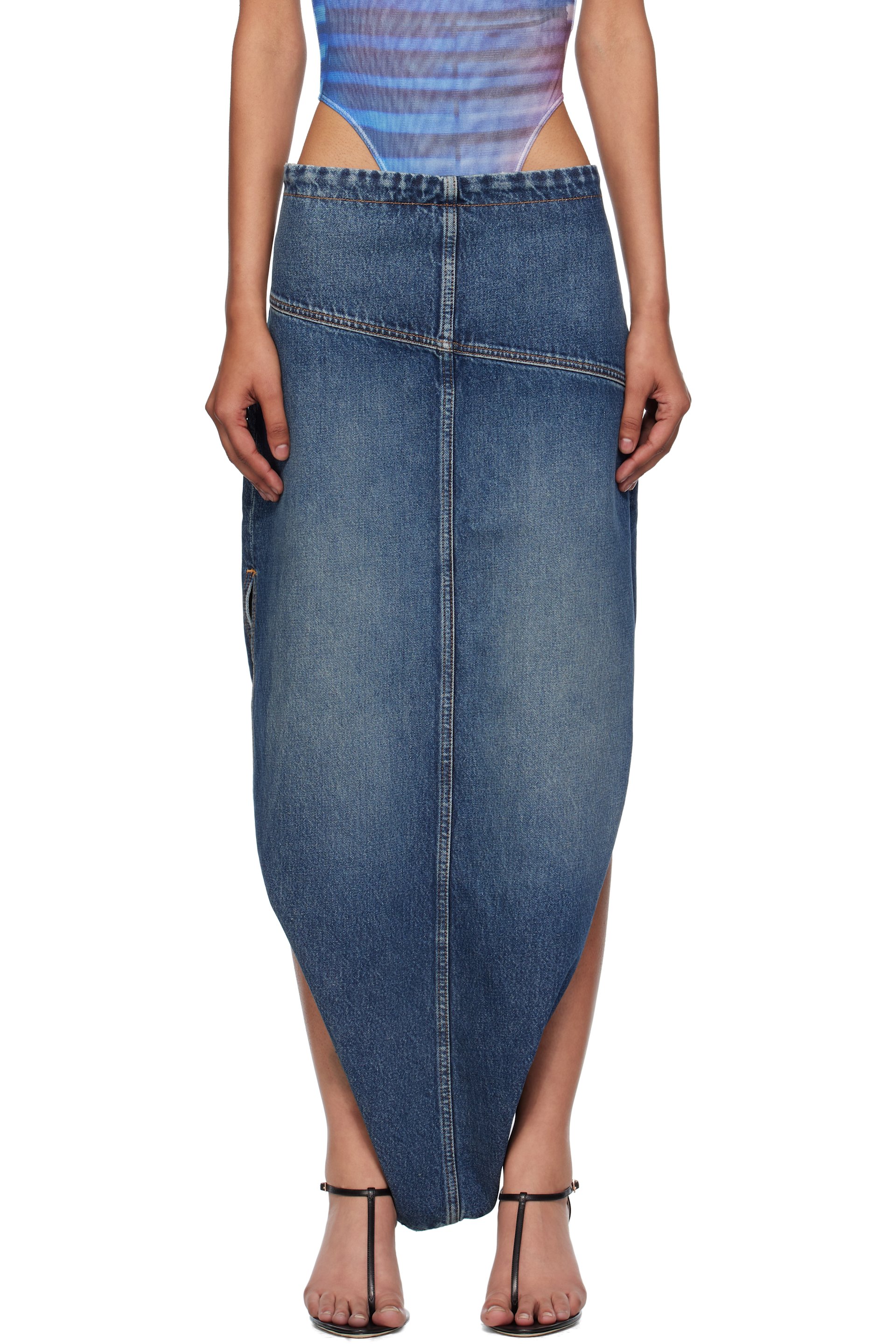 Jean Paul Gaultier - Jupe longue bleue en denim à ceinture dissimulée et à fente à glissière