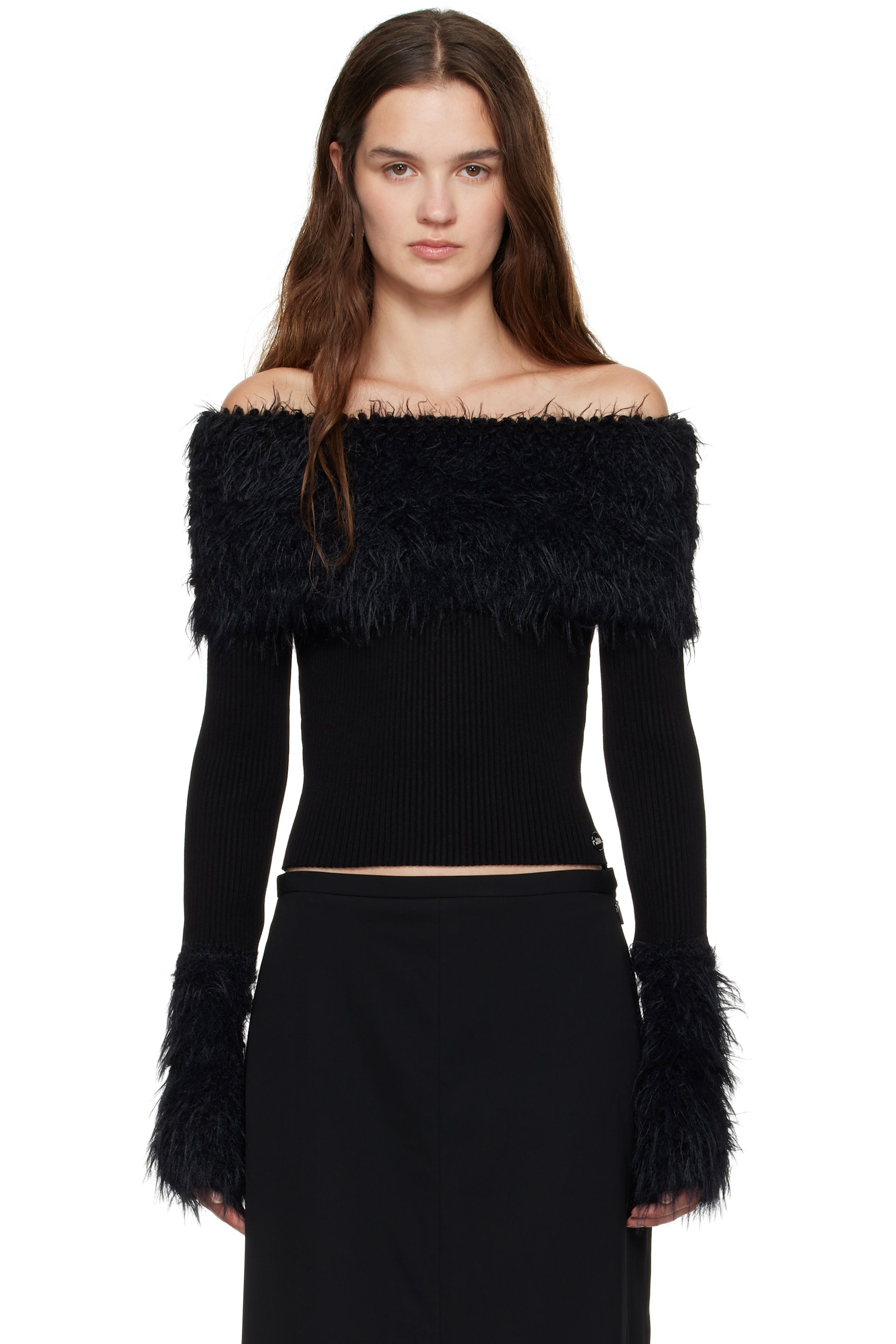 Jean Paul Gaultier - Pull noir en tricot côtelé de viscose à garnitures à poils longs