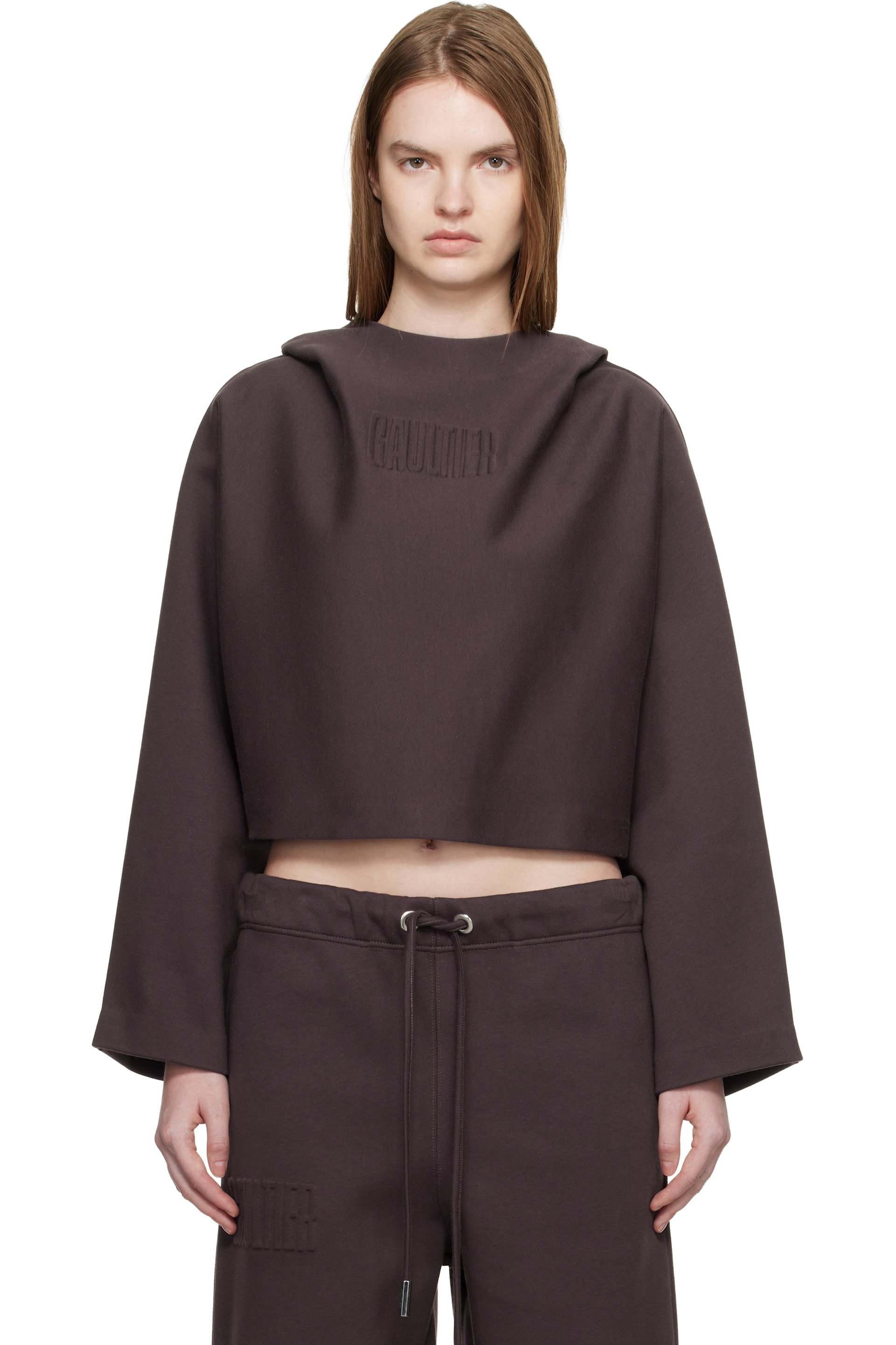 Jean Paul Gaultier - Pull à capuche brun à logo gaufré