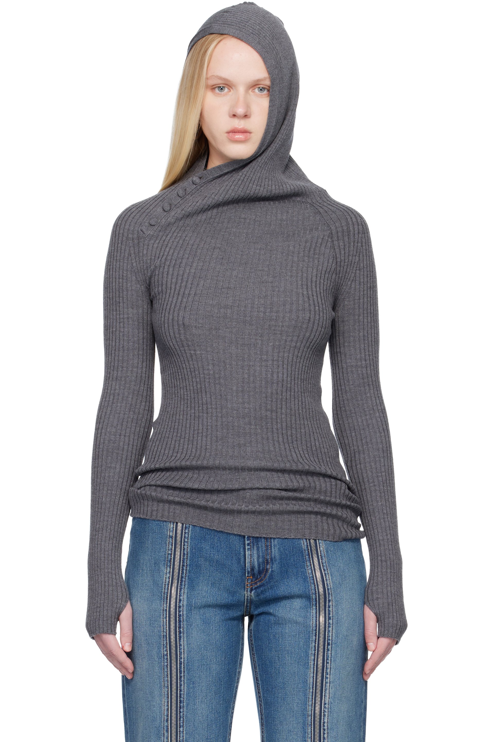 Jean Paul Gaultier - Pull à capuche asymétrique gris