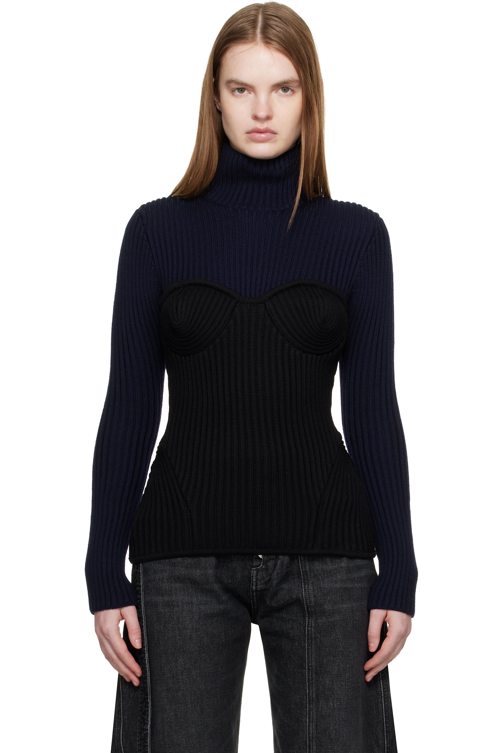 Jean Paul Gaultier - Navy & Black Stretch Merino Wool Ribbed Turtleneck