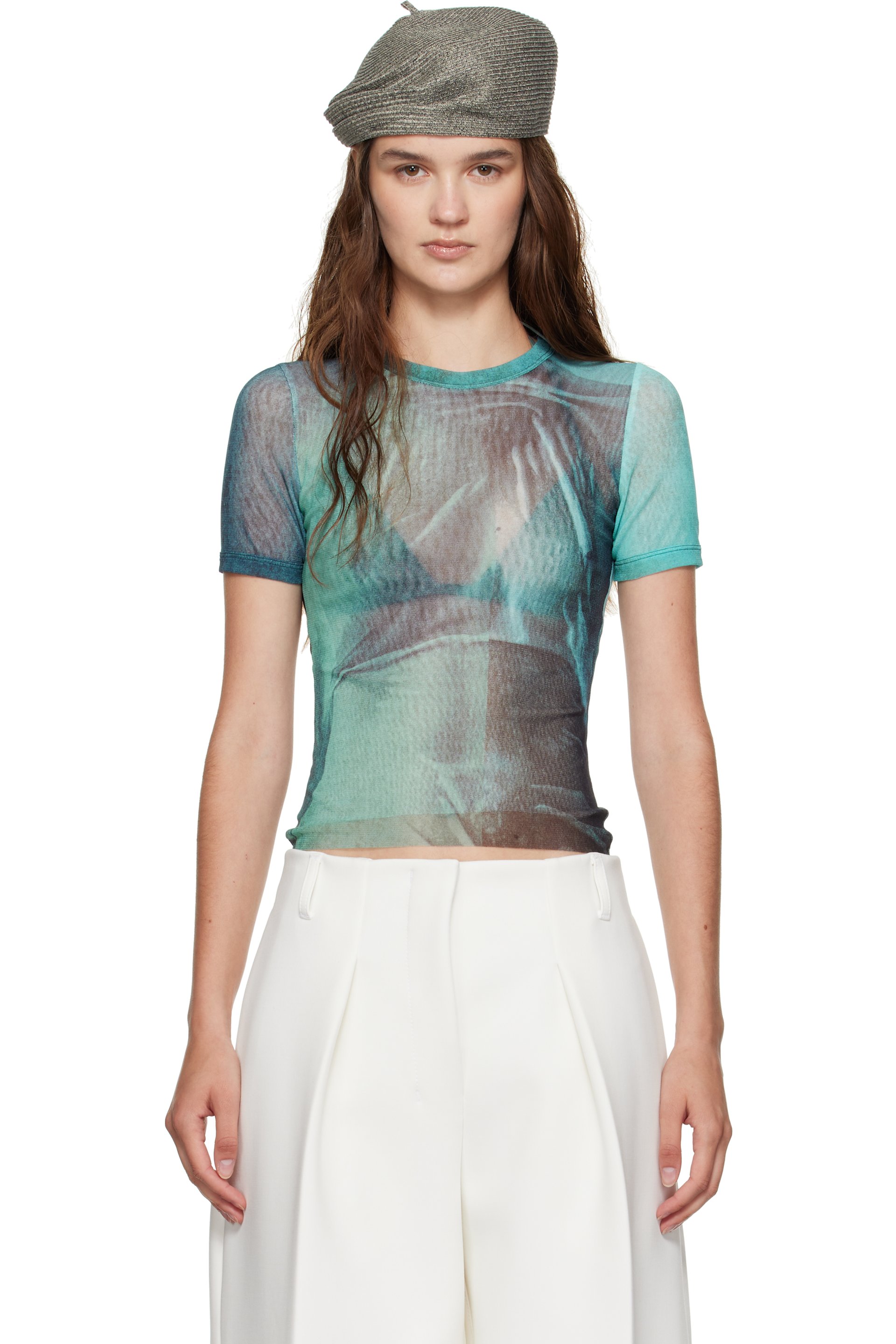 Jean Paul Gaultier - Micro t-shirt bleu à imprimé Water