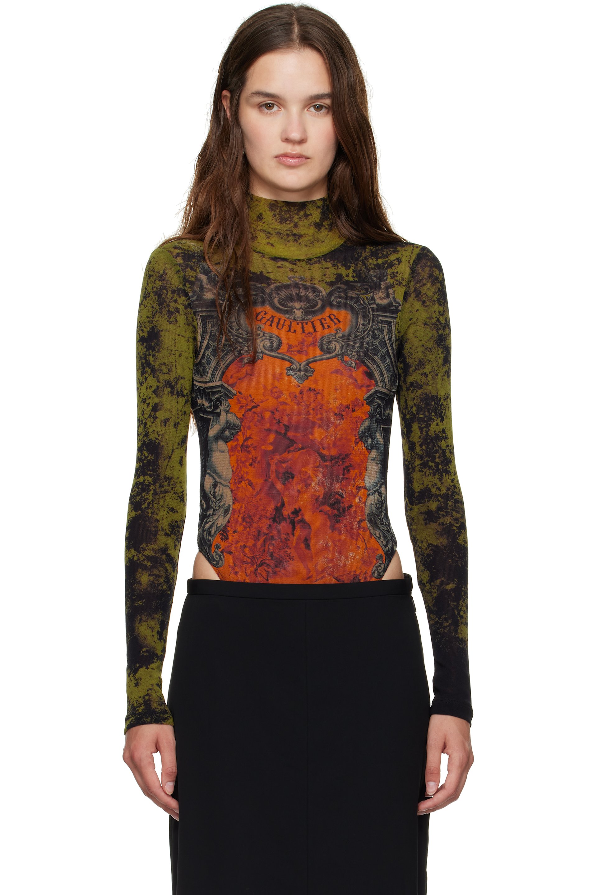 Jean Paul Gaultier - Khaki & Orange 'The Médaillon' Open Back Bodysuit