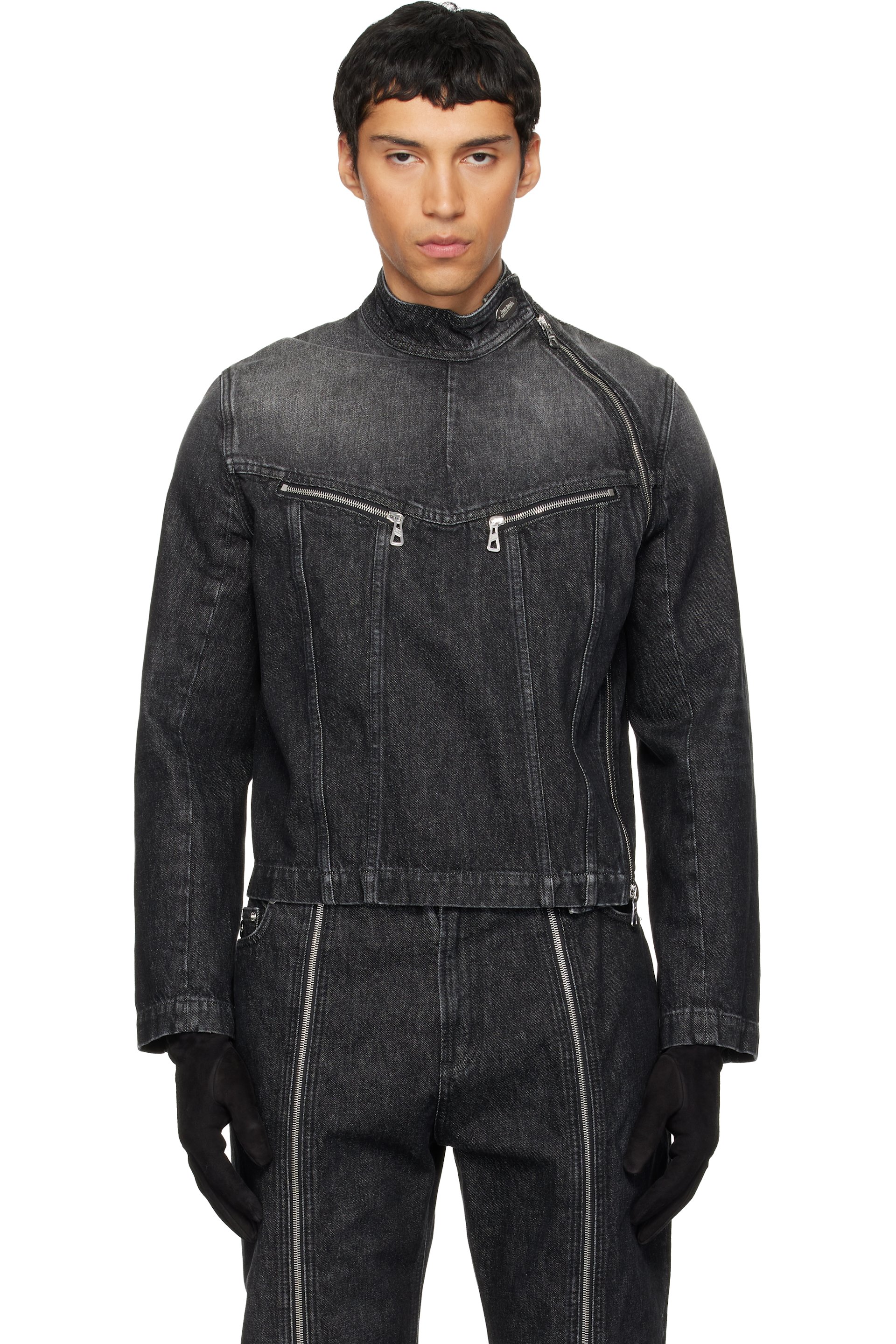 JeanPaulGaultier 黒のジッパー付きジャケット Jean Paul Gaultier: Black High Neck Zipped Gloves Denim Jacket