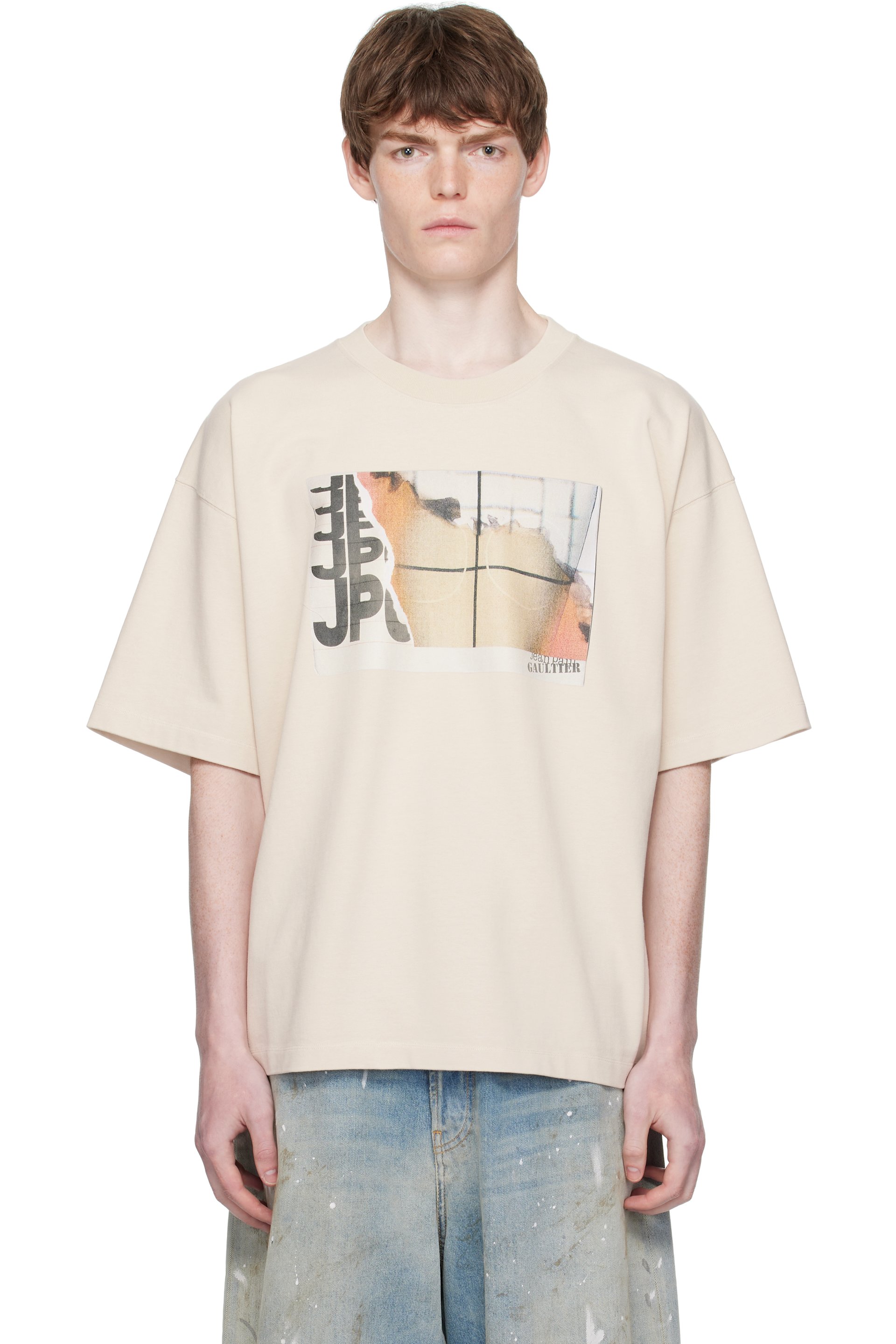 Beige Oversized Printed Fire T-shirt by Jean Paul Gaultier on Sale