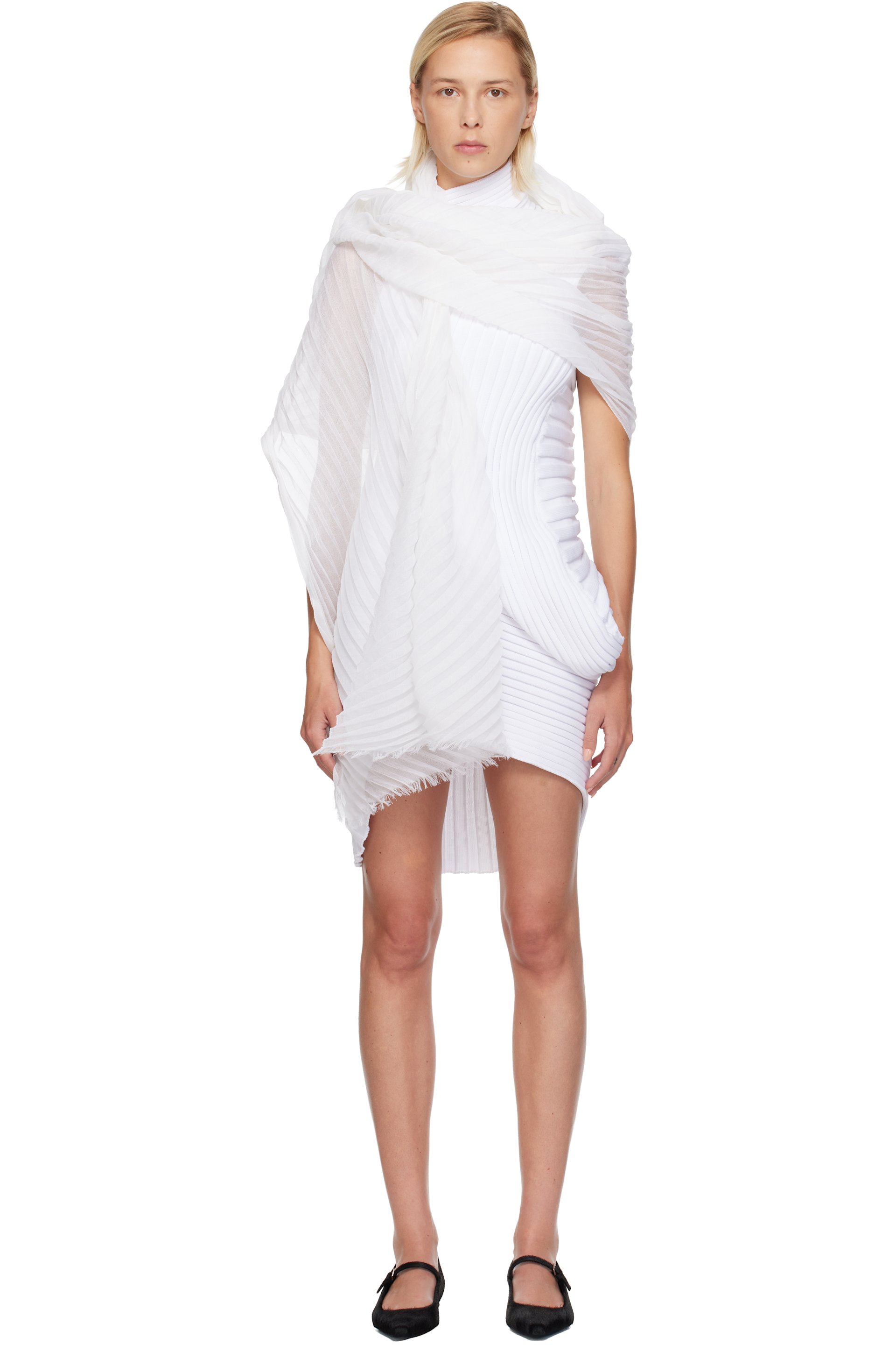 Issey Miyake - Écharpe de style étole blanche en soie et laine à plis
