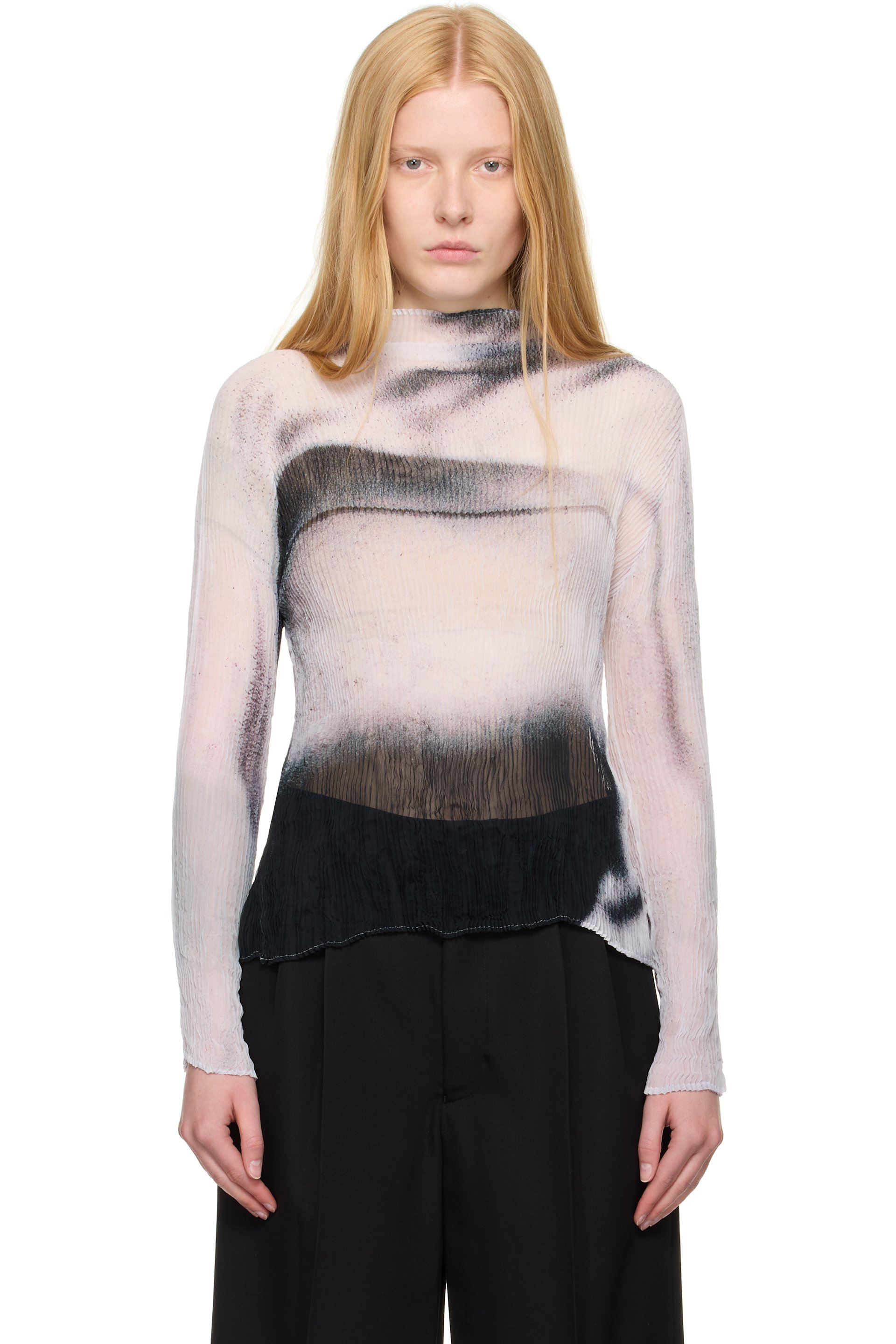 Issey Miyake - Col roulé Shadow Study blanc et noir en crêpe chiffon à motif graphique