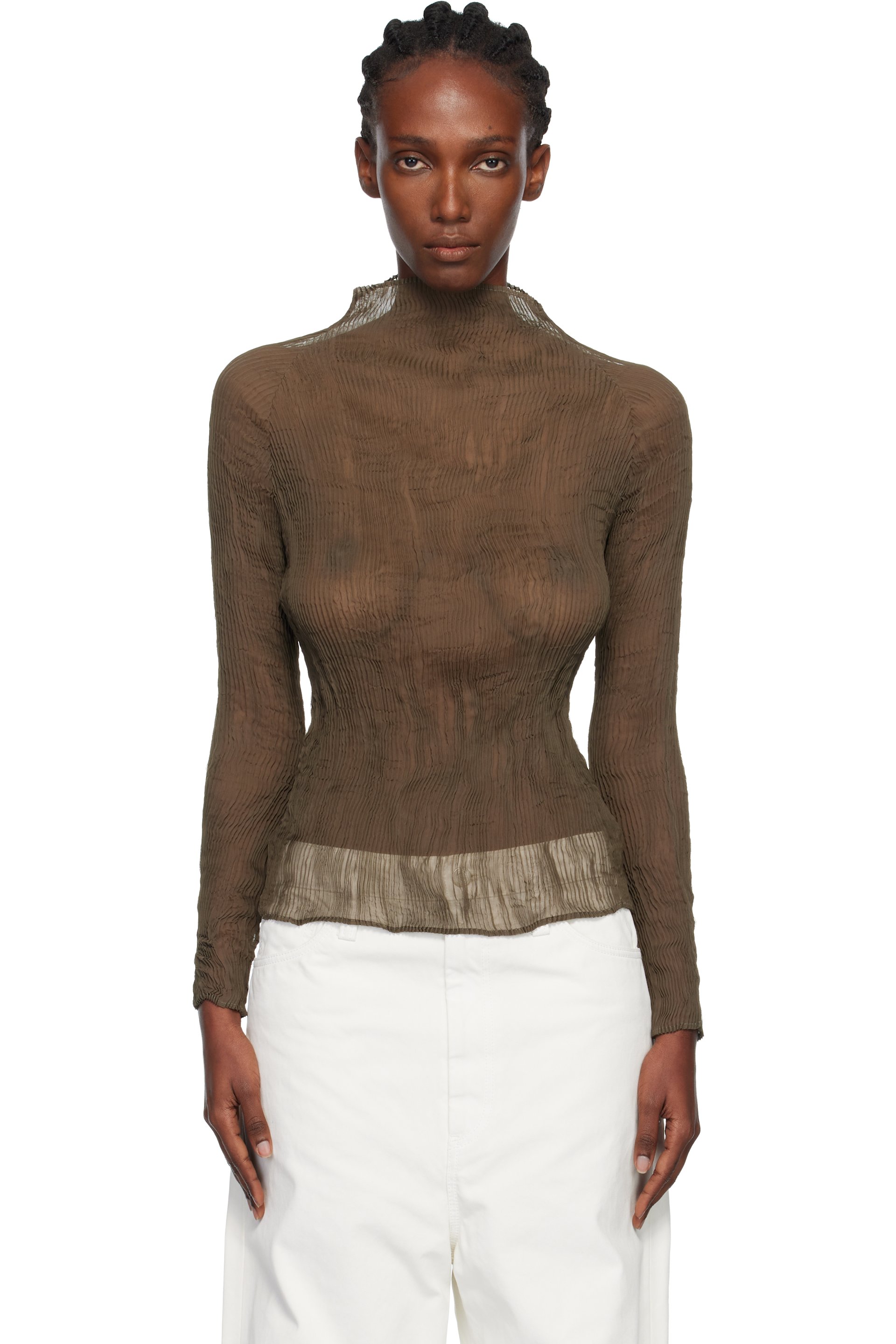 Issey Miyake - Haut Twist kaki en crêpe chiffon