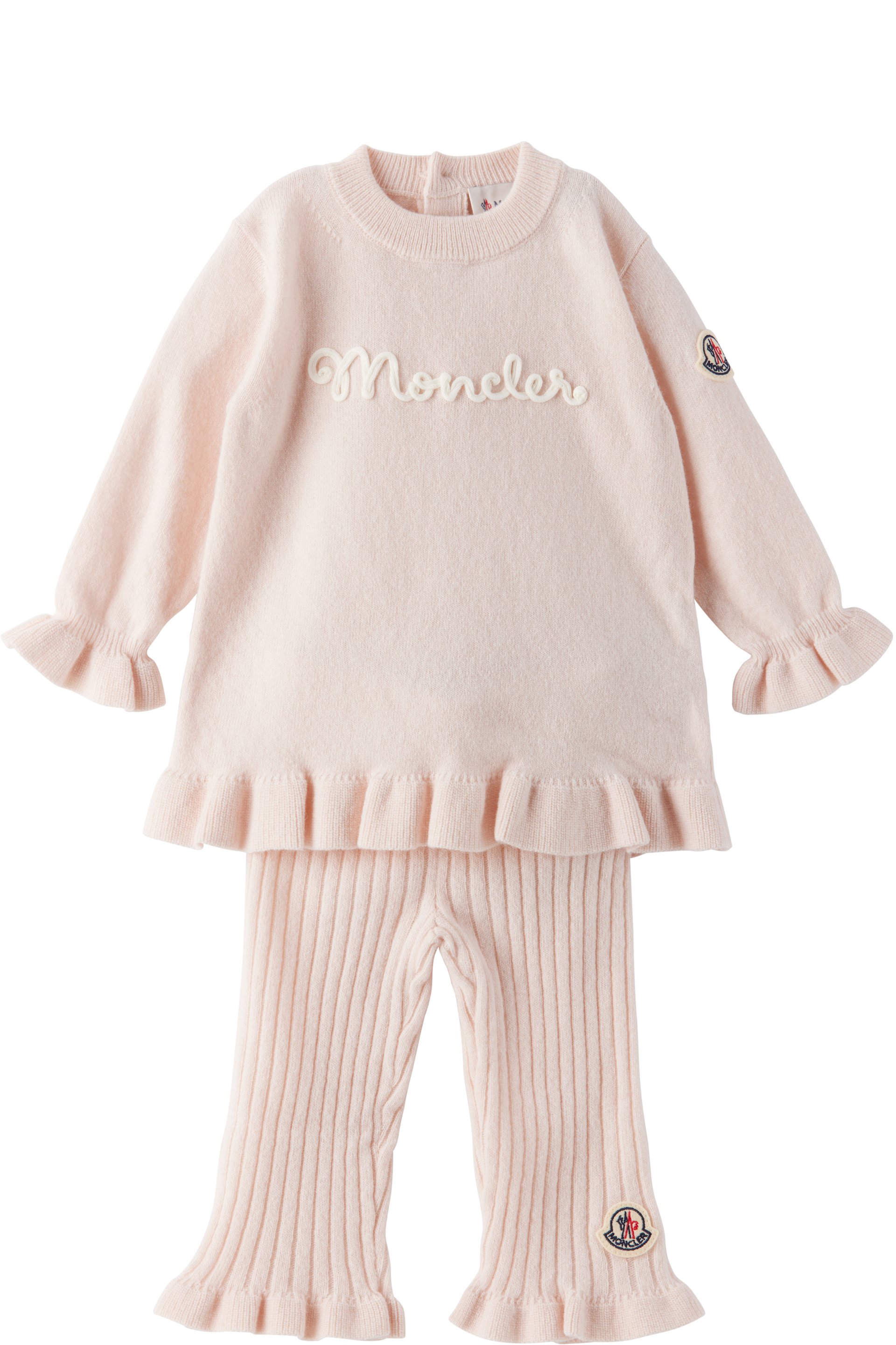 Moncler Enfant - Baby Pink Ruffled Wool Cashmere Sweater & Trousers Set