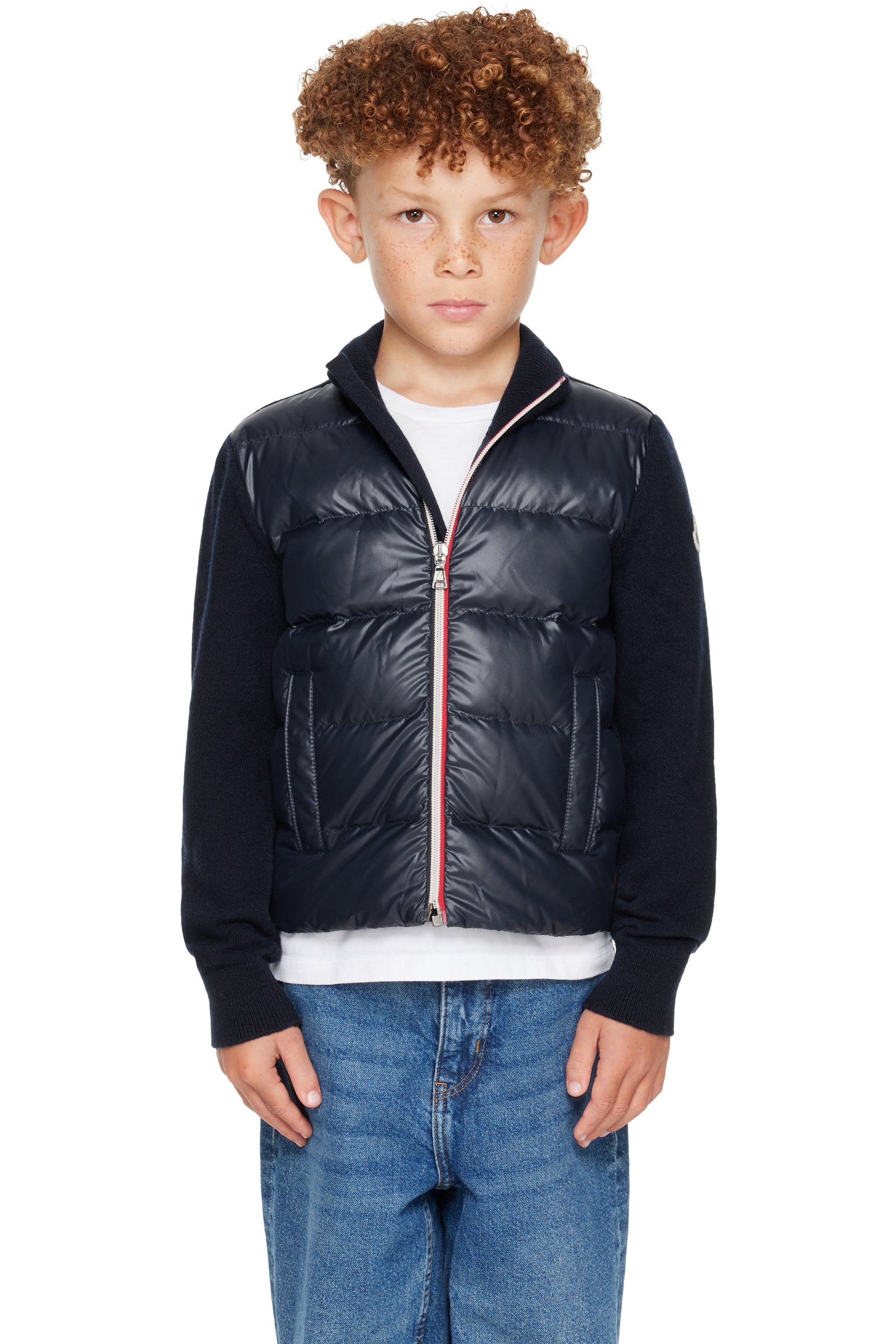 Big Kids Navy Padded Wool Zip-Up Cardigan by Moncler Enfant | SSENSE