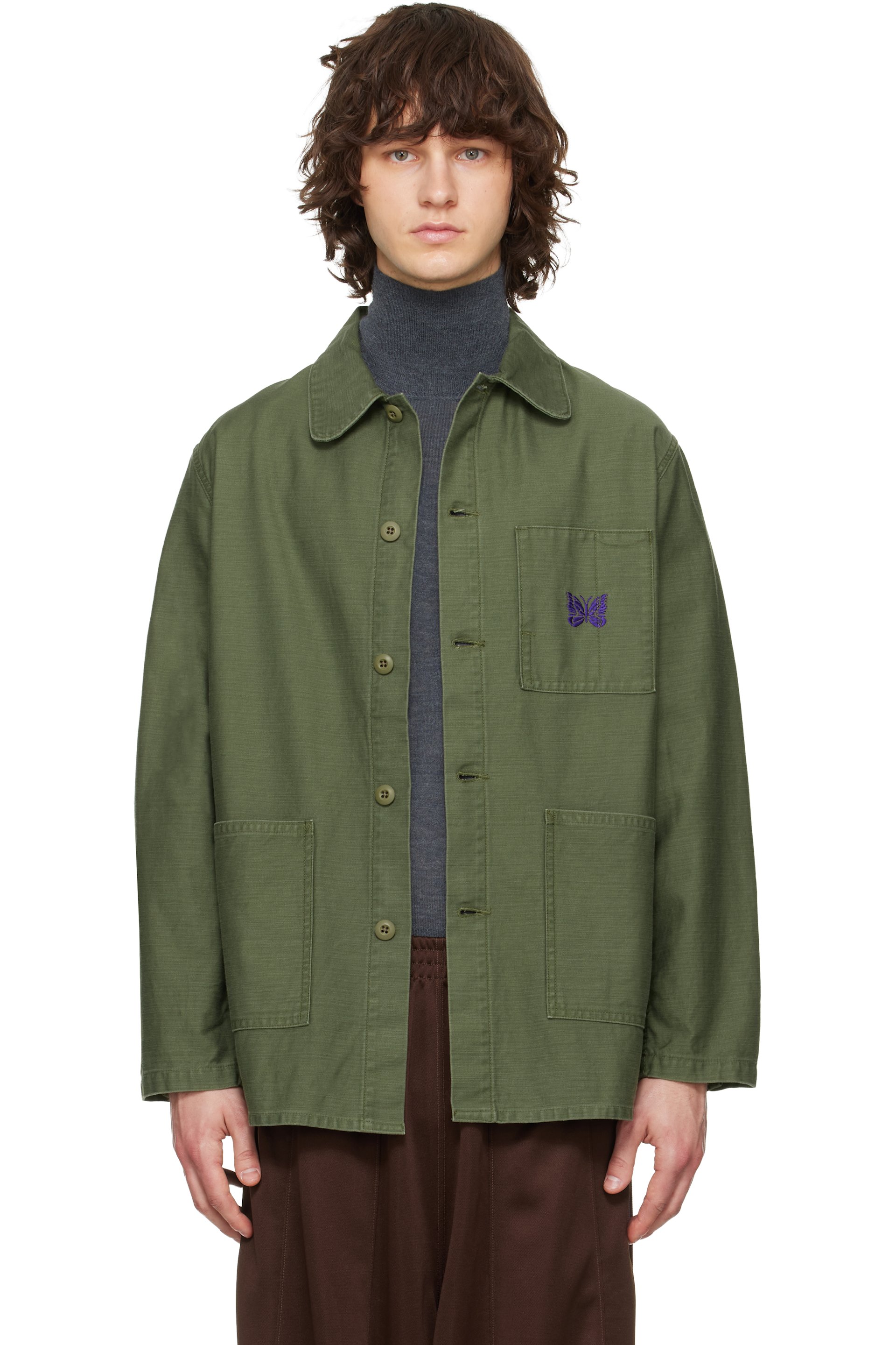 NEEDLES: カーキ Reversed Sateen カバーオール シャツ | SSENSE 日本
