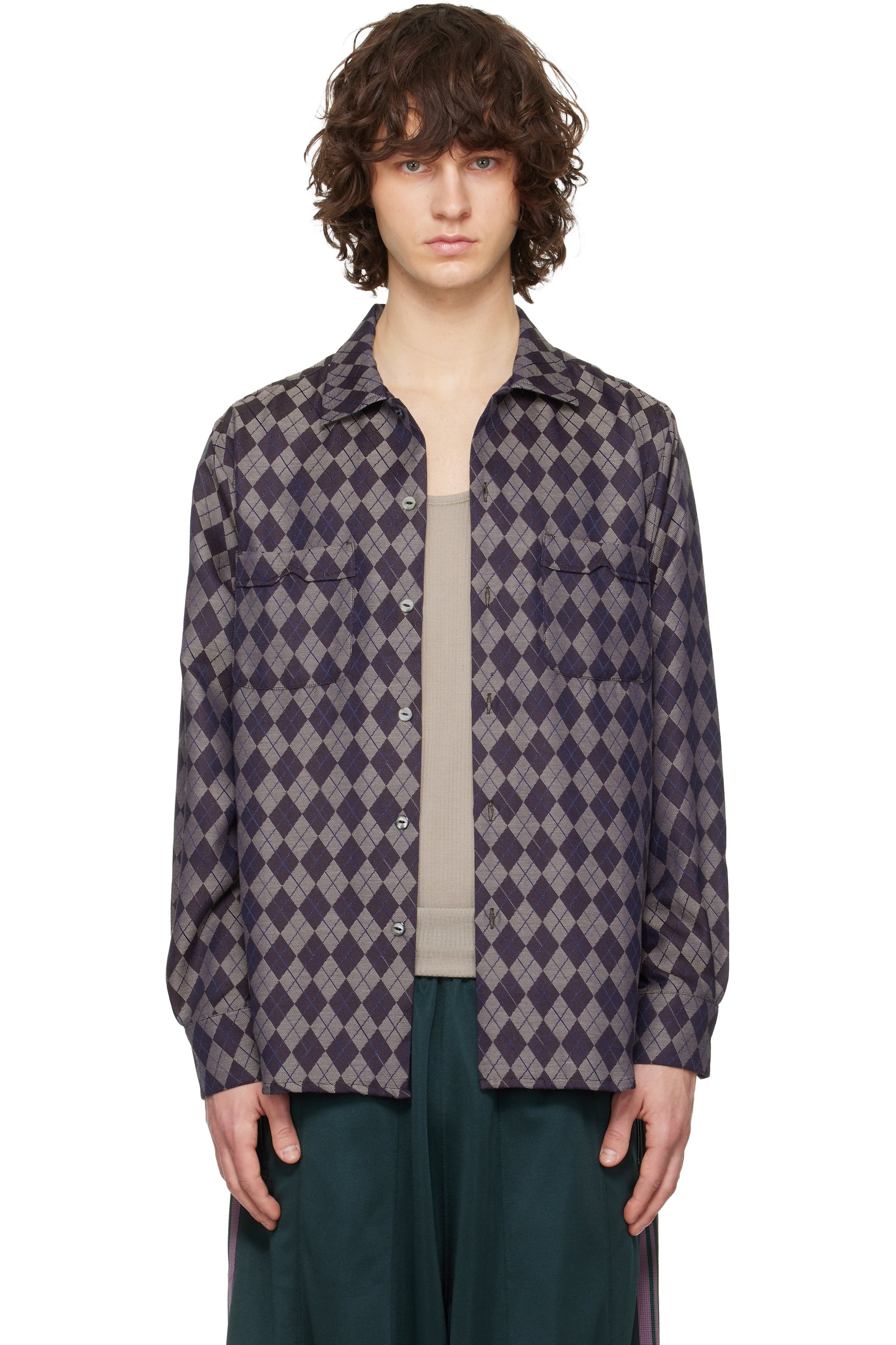 NEEDLES - Gray & Burgundy Open Collar Shirt