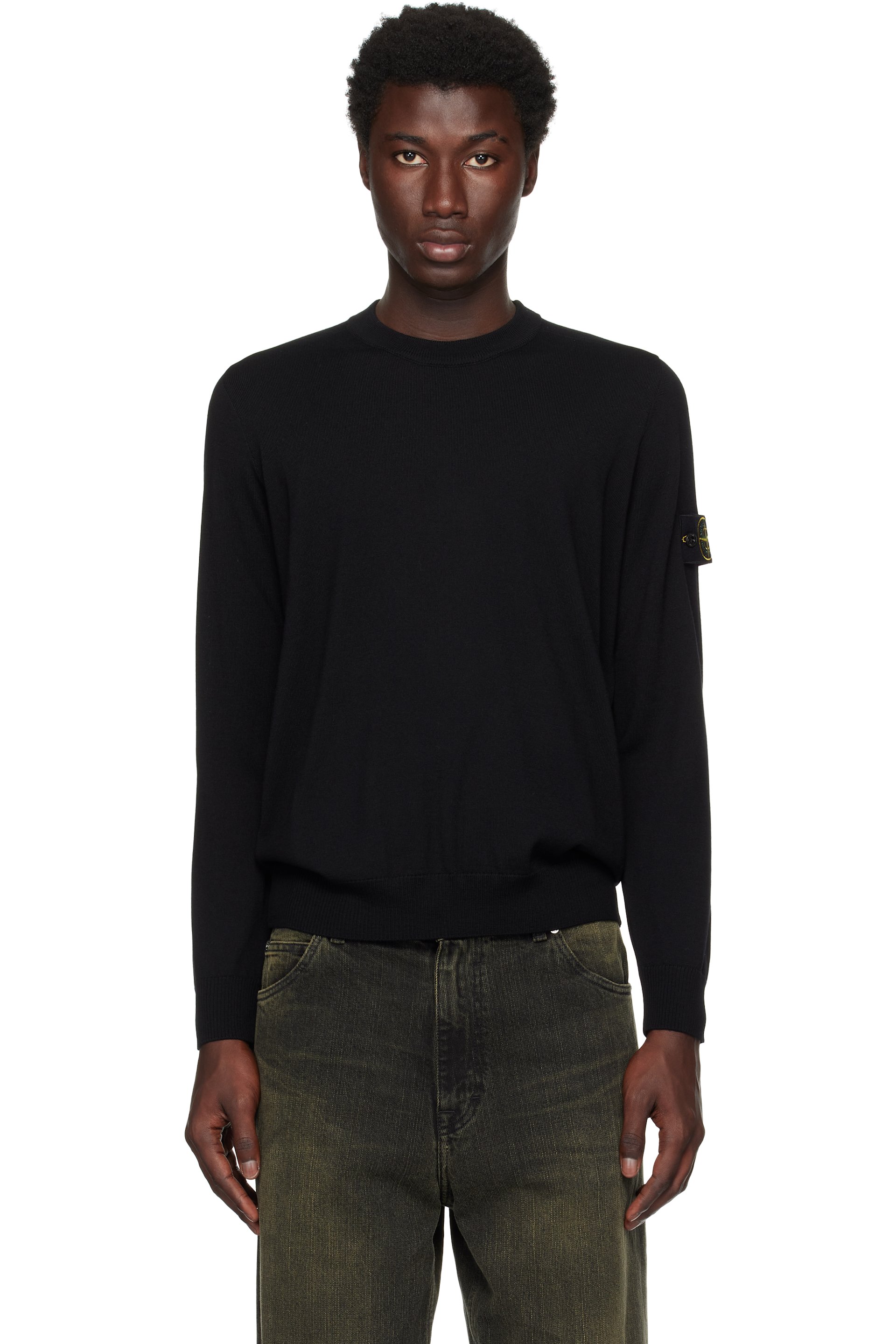 Stone Island - Pull molletonné léger 5100045 noir en laine Geelong certifiée RWS